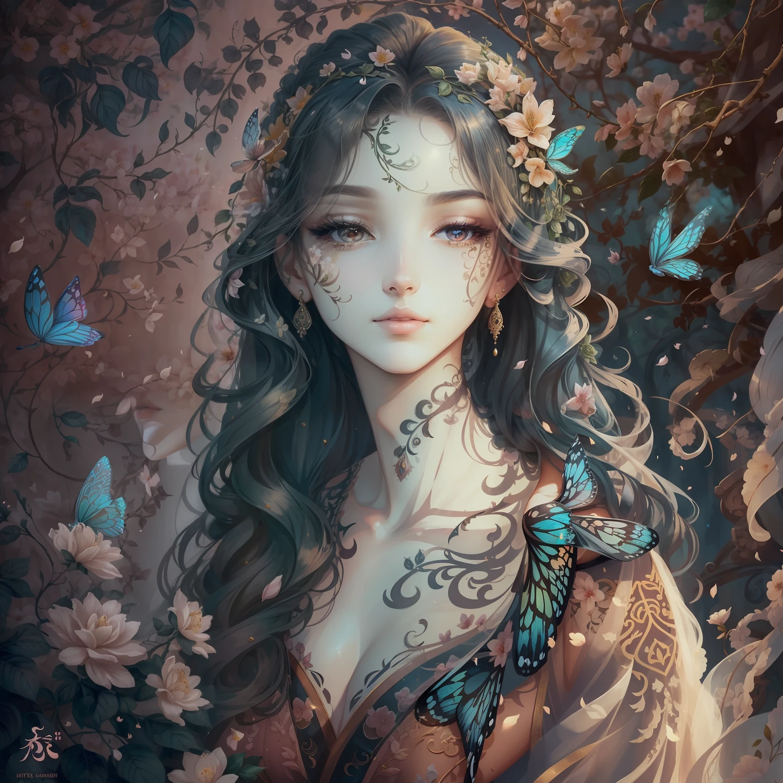 classical aesthetics,Beautiful and meticulous portrayal,High-definition detail,Ancient beauty,The posture is natural,The details stand out,Flowers, vines, butterflys,lovely lips,Revel in the eyes,Flowing, Smooth hair,Beautiful face,Ink painting effect,Natural light