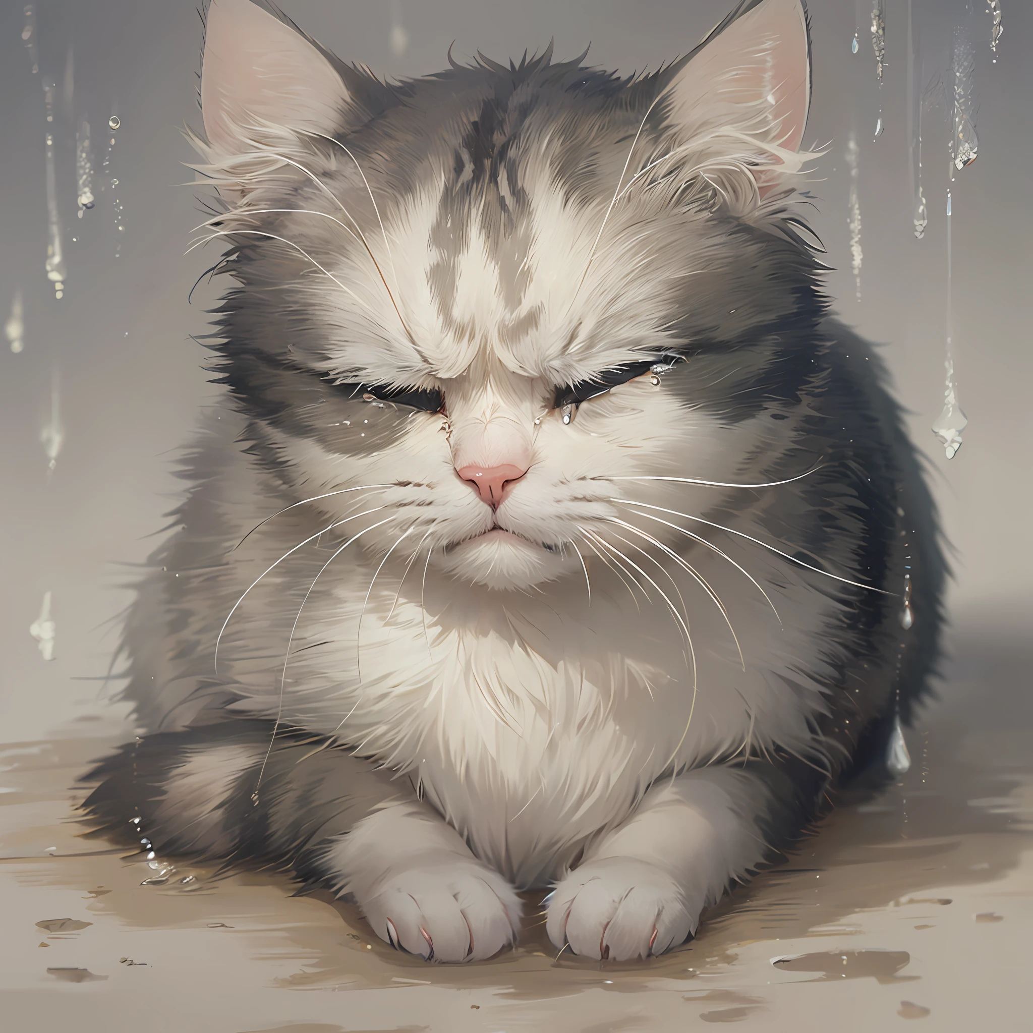 A sad crying cat, tears, semi-realistic