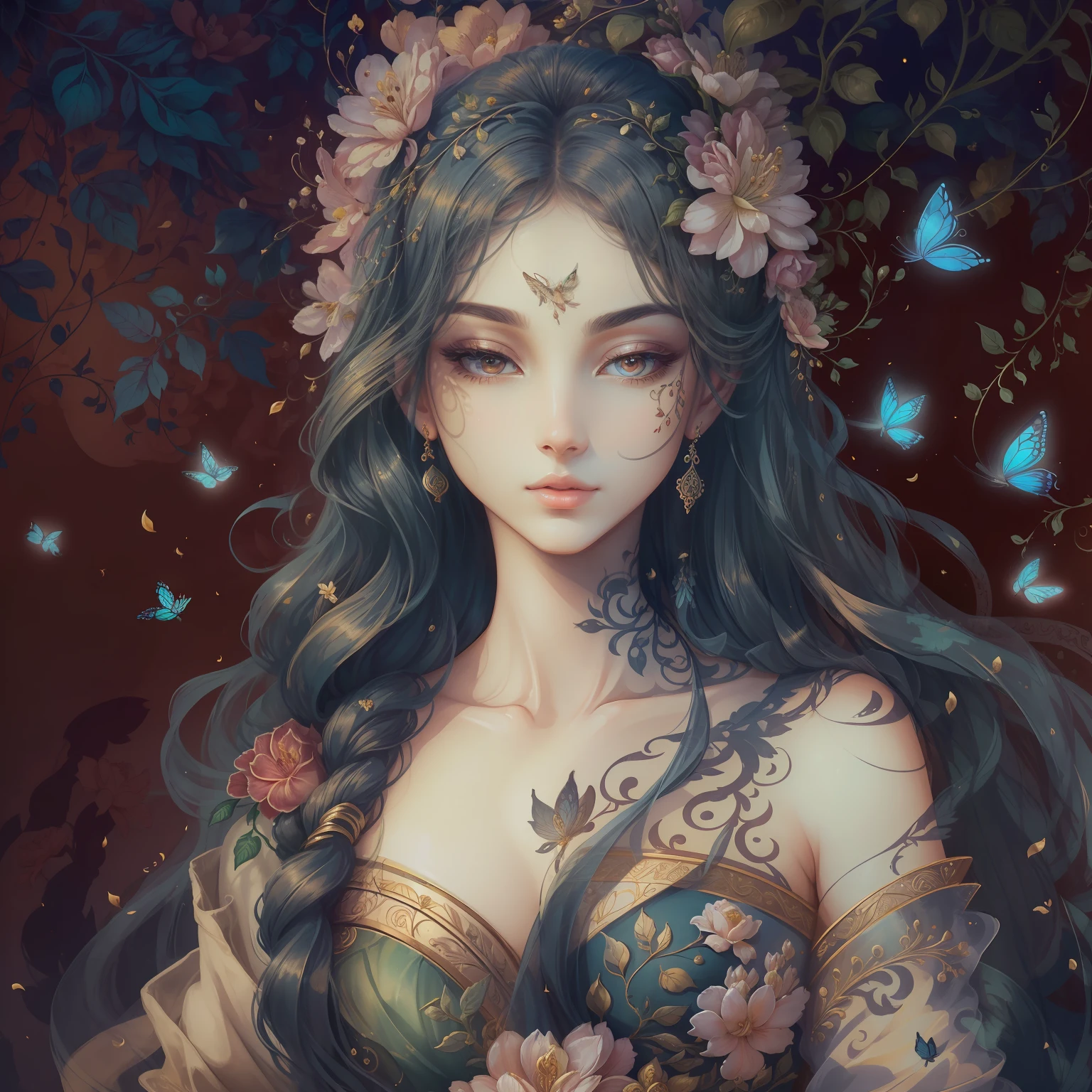 classical aesthetics,Beautiful and meticulous portrayal,High-definition detail,Ancient beauty,The posture is natural,The details stand out,Flowers, vines, butterflys,lovely lips,Revel in the eyes,Flowing, Smooth hair,Beautiful face,Ink painting effect,Natural light
