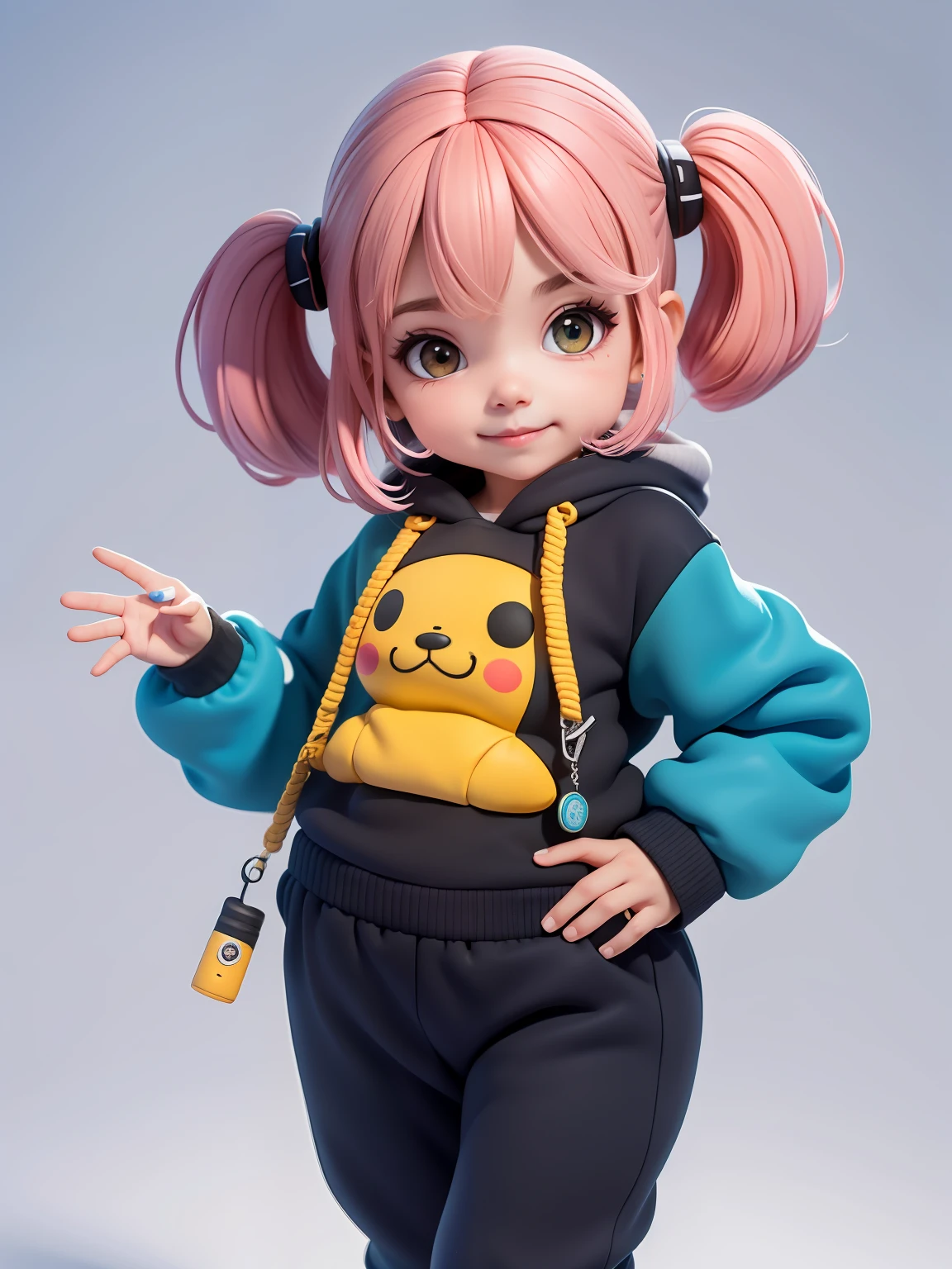 (obra-prima), (melhor qualidade), (ultra-detalhado), (corpo inteiro: 1.2) menina negra bonita e fofa, capuz, moletom colorido, Knitted jumpsuits, Pants, jaqueta, blusa, sorriso claro, corpo inteiro, :3, fundo tom pastel , colorido e simples.