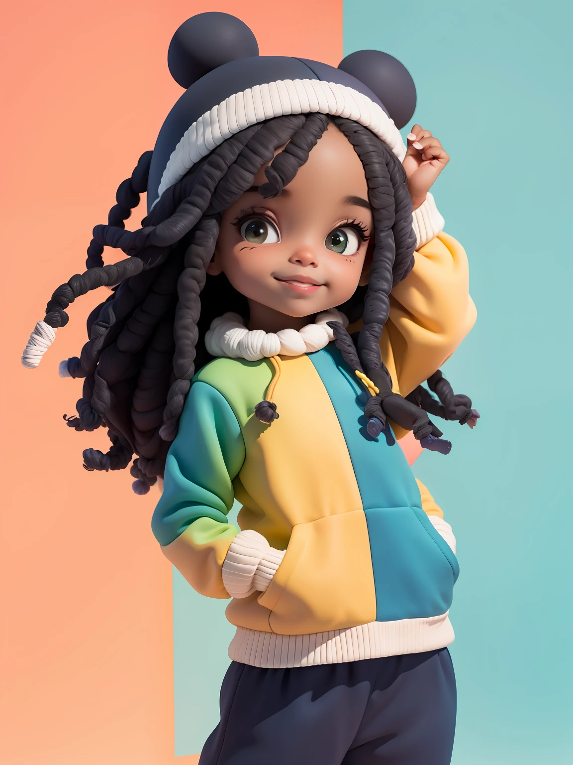 (obra-prima), (melhor qualidade), (ultra-detalhado), (corpo inteiro: 1.2) baby  negra bonita e fofa, capuz, moletom colorido, Knitted jumpsuits, Pants, jaqueta, blusa, sorriso claro, corpo inteiro, :3, fundo tom pastel , colorido e simples.