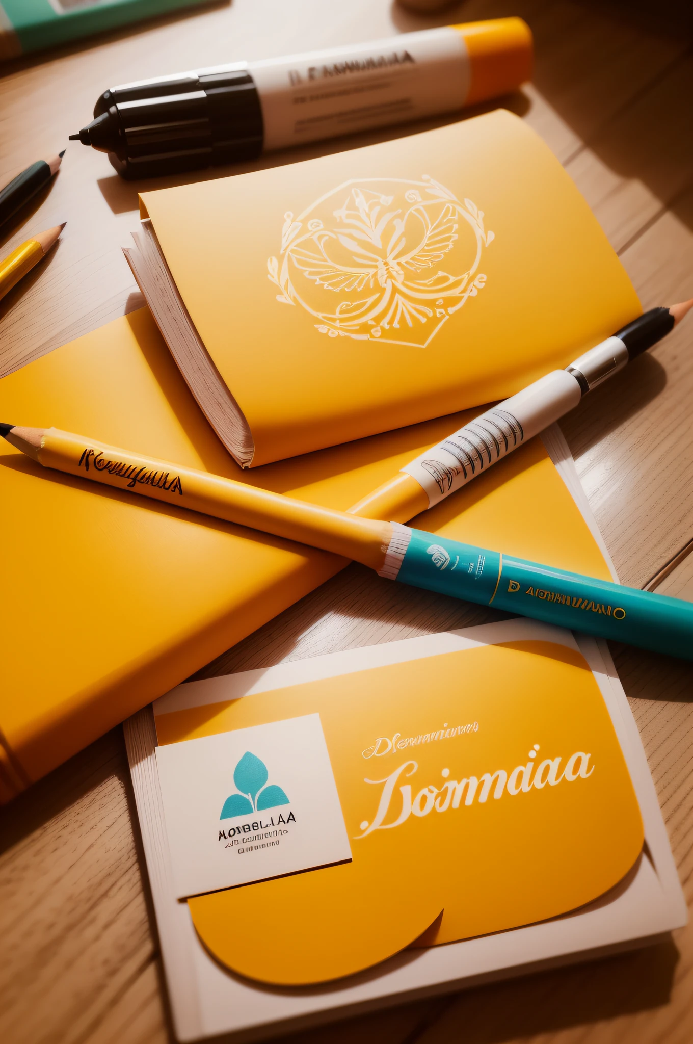 Desenvolva um logotipo com uma borboleta amarela estilizada, formada por elementos de papelaria, as pencils, brushes and ribbons. This will represent the creativity and diversity of products offered by custom stationery.