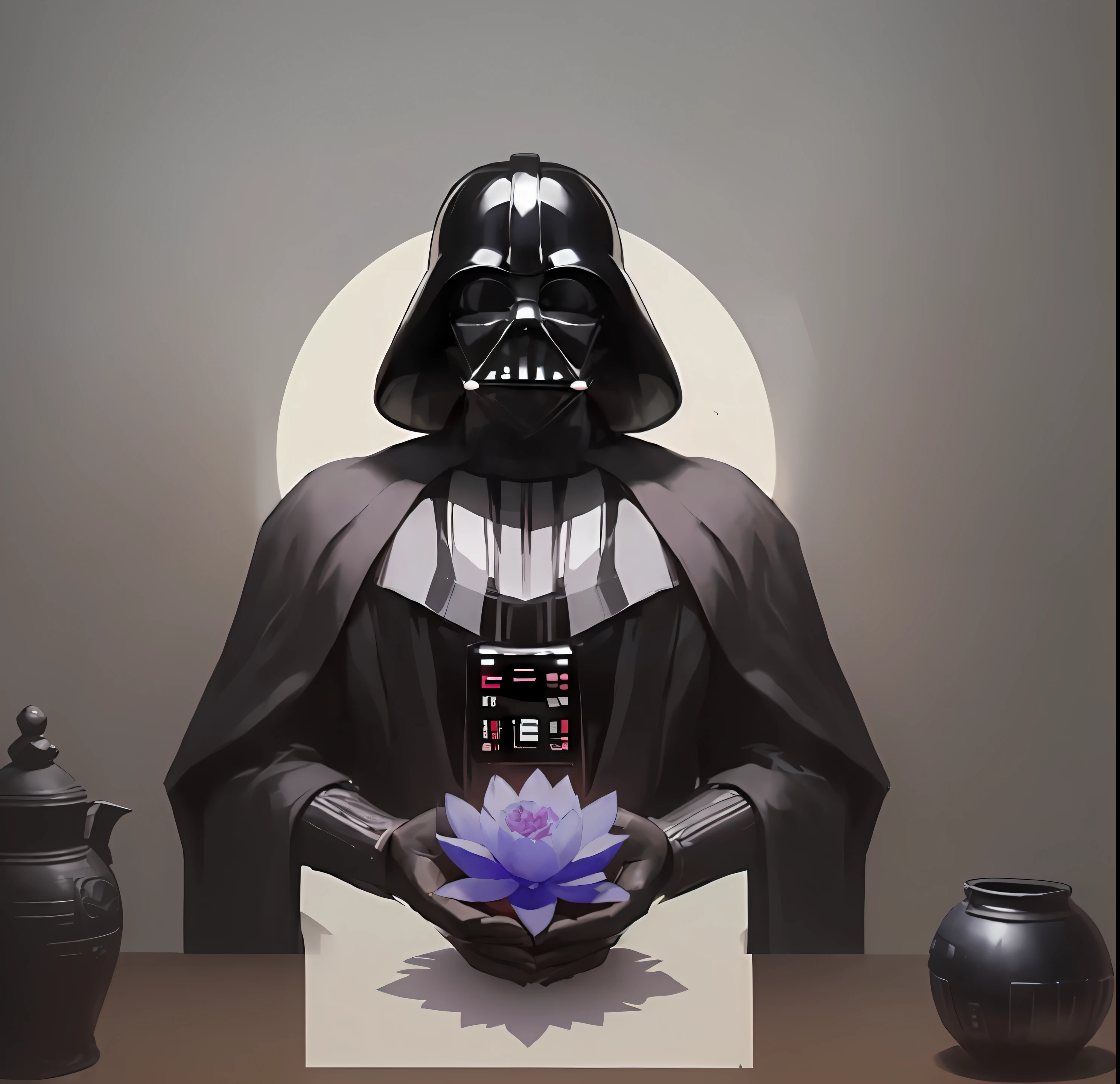 Darth Vader holding a lotus flower in his hand, Star Wars platonic ideal, Retrato de Darth Vader, Retrato de Darth Vader, Darth Vader, Pai, retrato imperial, Estilo Star Wars Imperial, vador escuro, Imperador do universo conhecido, Foco em Darth Vader, Darth Vader sitting at the table, de Star Wars, Darth Vader rindo, Batman vestido como Darth Vader