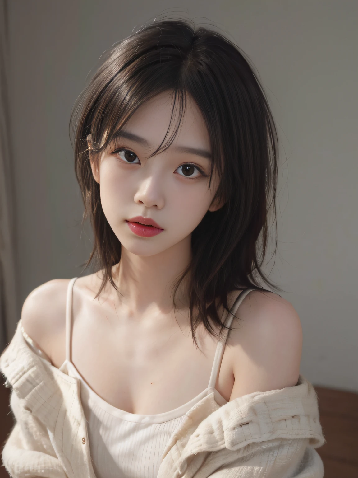 Best quality, masterpiece, ultra high res, (photorealistic:1.5), raw photo, 1girl, offshoulder, in the dark, deep shadow, low key, cold light, sexy look, short hair