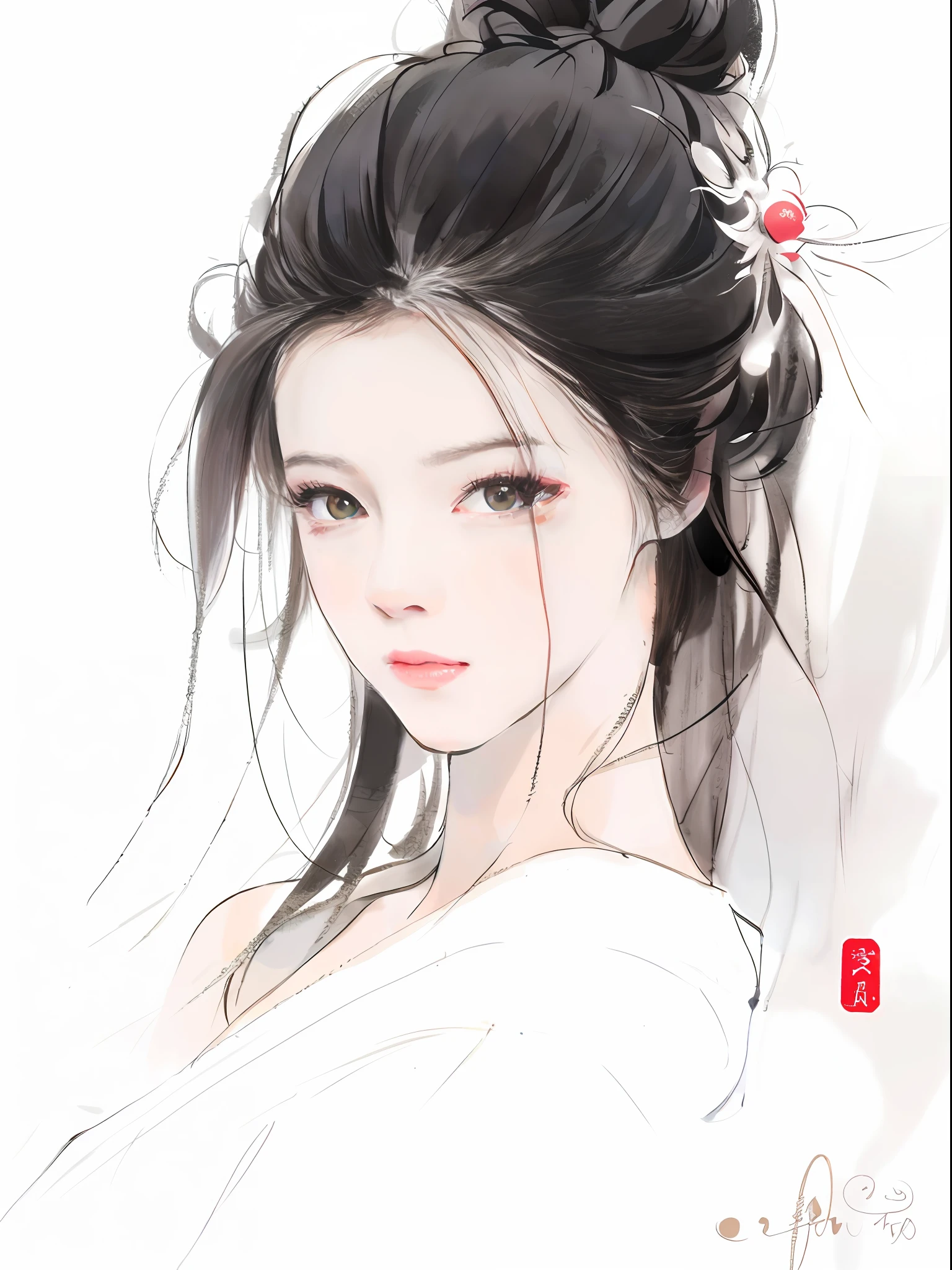 Close-up of a woman with hair tied in a bun, beautiful character painting, beautiful anime portrait, palace, girl in hanfu, fanqi, Zhongyuanjie, stunning anime face portrait, beautiful artwork illustration