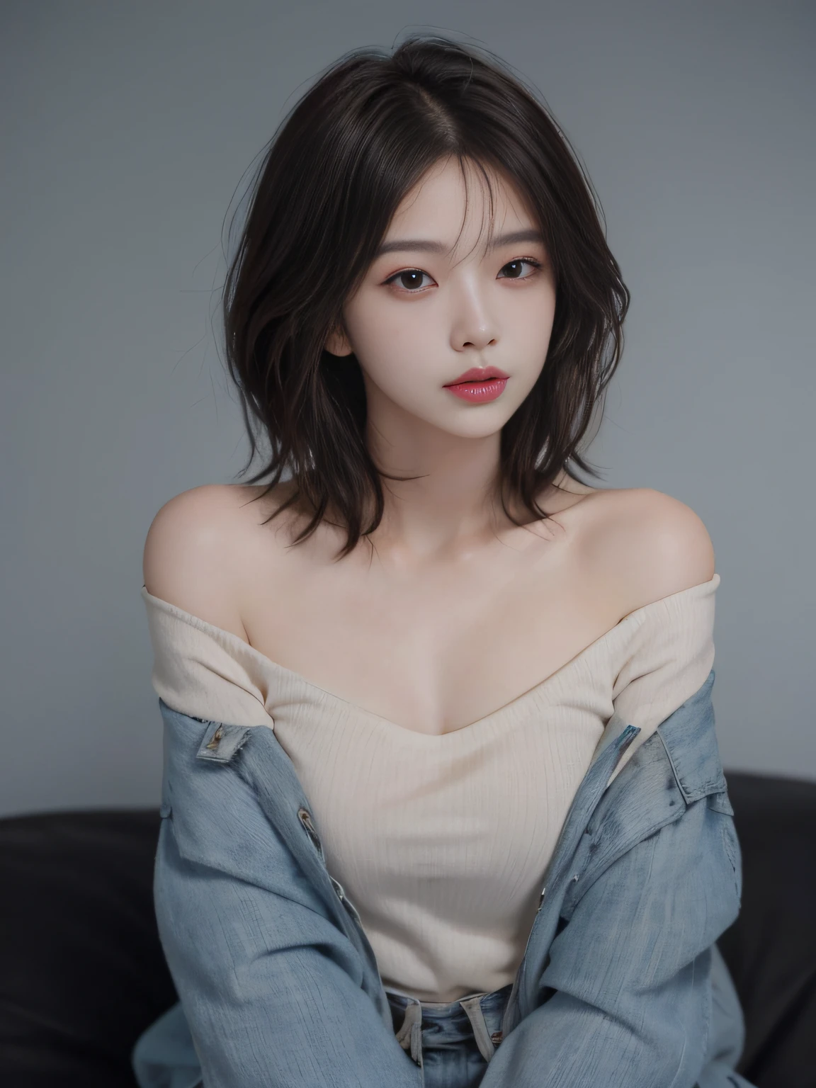 Best quality, masterpiece, ultra high res, (photorealistic:1.5), raw photo, 1girl, offshoulder, in the dark, deep shadow, low key, cold light, sexy look, short hair