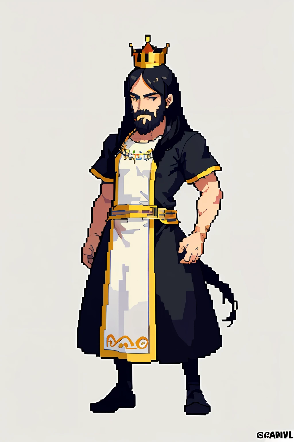 pixel, pixel art, 1man, king, black hair, long beard, crown, full body