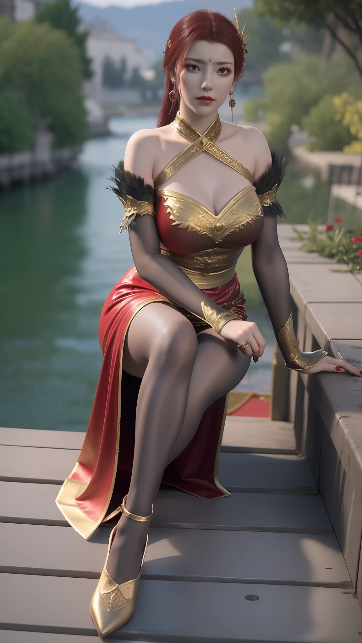 Arad woman in a red dress sitting on a dock by the lake, a photorealistic painting inspired by Du Qiong, Trend of CGsociety, Fantasy art, lady in red armor, wearing gilded red robes, beautiful and seductive anime woman, succubus in tight kilt, wearing gilded red royal robes, silver armor and red clothing, fantasyoutfit