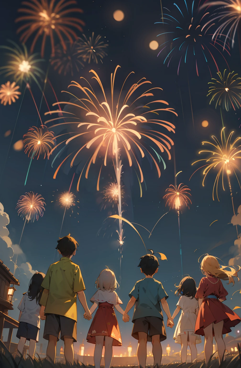 Fireworks soar gorgeously in the clear night sky、Children looking up at the fireworks below。The scene is amazing.、It has a nostalgic atmosphere that makes you feel the memories of a bygone summer..