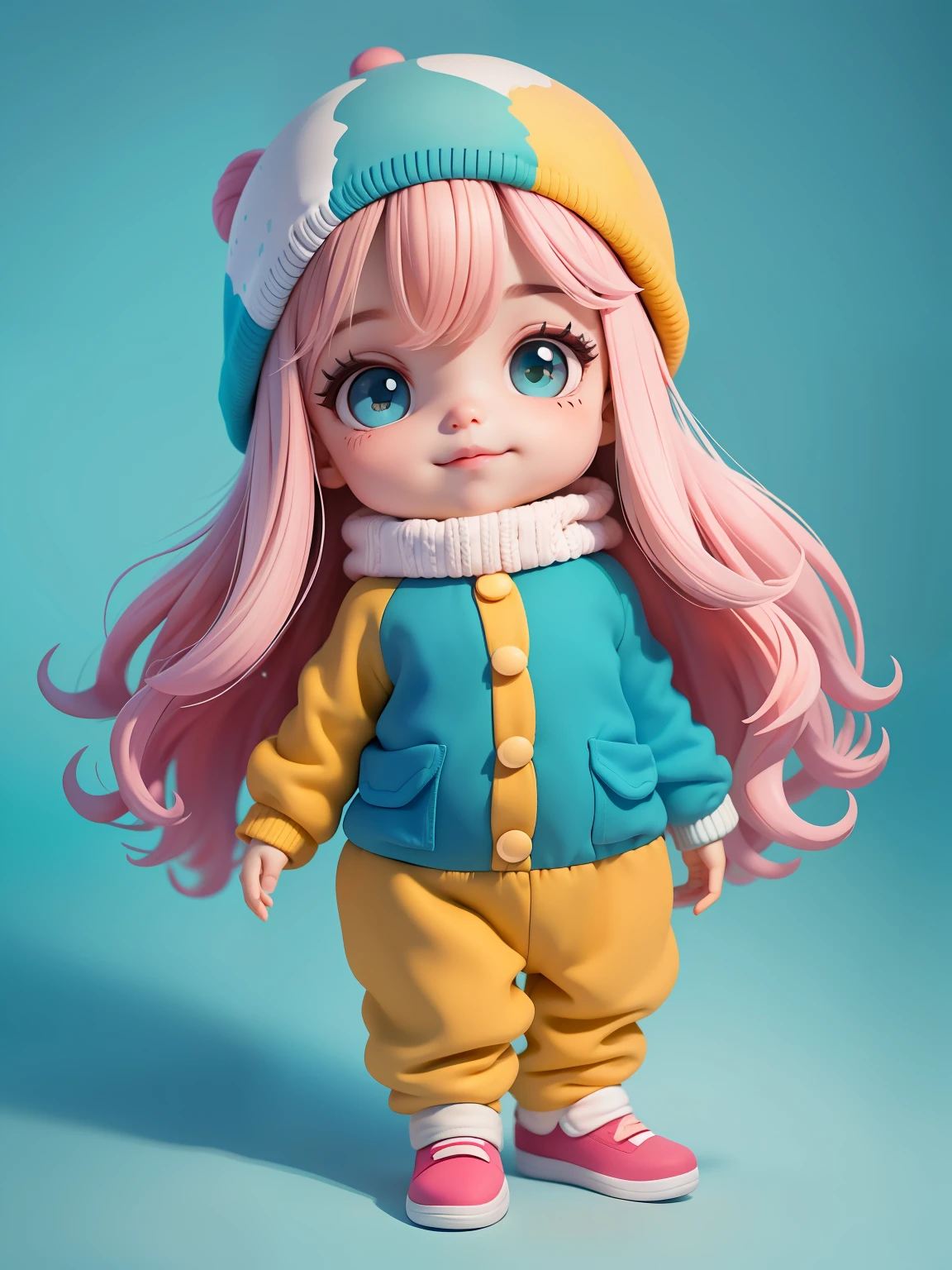 (obra-prima), (melhor qualidade), (ultra-detalhado), (corpo inteiro: 1.2) baby menina bonita e fofa, capuz, moletom colorido, Knitted jumpsuits, Pants, jaqueta, blusa, sorriso claro, corpo inteiro, :3, fundo tom pastel , colorido e simples.