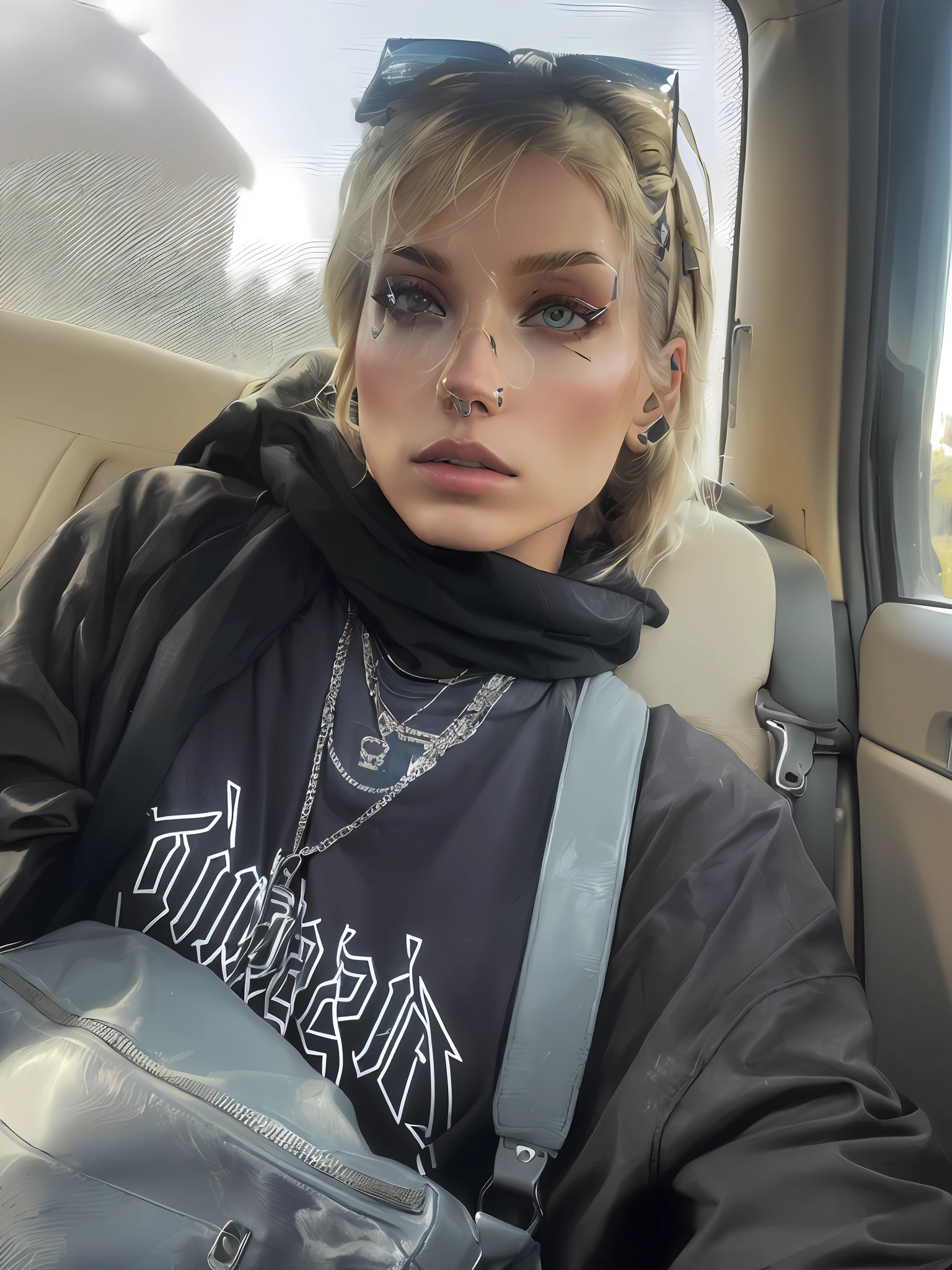 blond woman with sunglasses sitting in a car with a bag, she is wearing streetwear, warpaint aesthetic, curtain bangs, sitting in her car, androgynous face, androgynous, without makeup, androgynous person, woman in streetwear, inspired by Elsa Bleda, very very low quality picture, beautiful androgynous girl, 🤤 girl portrait, baggy eyes