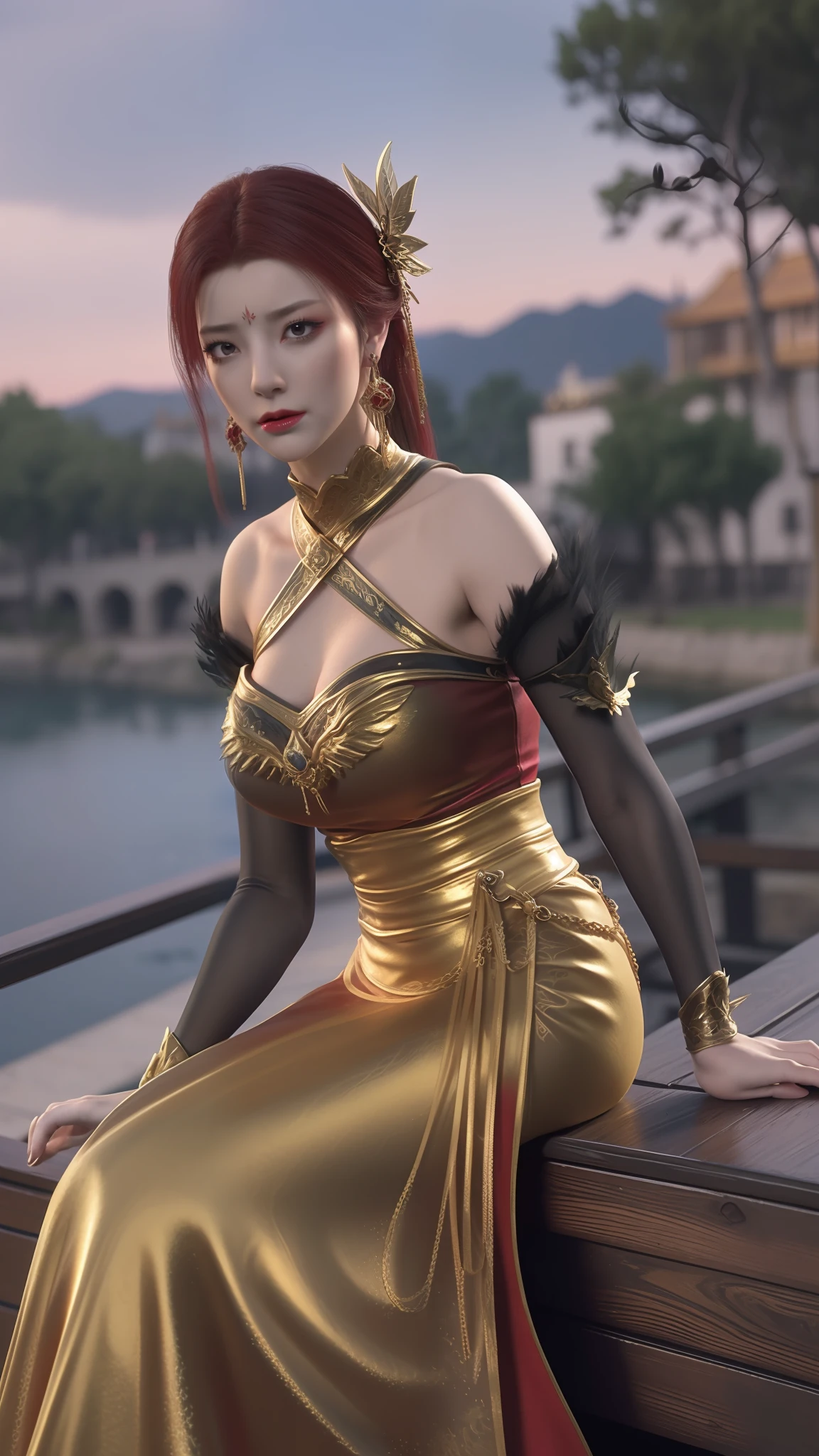 Arad woman in a red dress sitting on a dock by the lake, a photorealistic painting inspired by Du Qiong, Trend of CGsociety, Fantasy art, lady in red armor, wearing gilded red robes, beautiful and seductive anime woman, succubus in tight kilt, wearing gilded red royal robes, silver armor and red clothing, fantasyoutfit