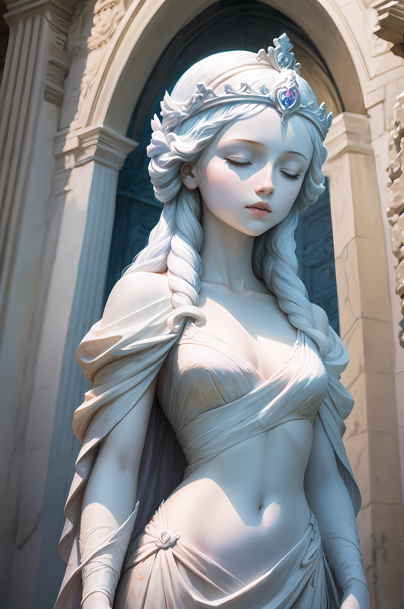 （（best qualtiy））， （（tmasterpiece））， （A detailed）， Marble fresco statue， （（（（Ancient marble carvings）））） Woman shape on the wall，s girl，darkly， particulate， marbled， Closed eyes， tiara crown， Cracked statue， f / 1.2， 85mm lens， photographed with a nikon d850， Detailed lighting， （（photore，reallife）））， Dramatic lighting， dramatics， （（Macro embroidery color space））， depth of fields， Archaeological photography，Cool color grading，White marble hair，White marble skin，White marble，（（（without humans））），rays of moonlight，（（（cold lighting）））