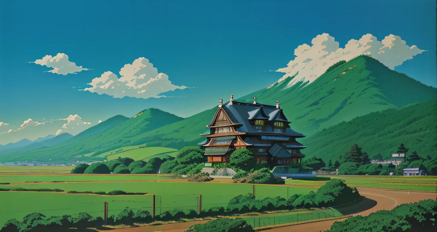 (tmasterpiece,best qualtiy), intricately details, 8K, art stations, the wallpaper, offcial art, splashart, tack sharp focus, Medium shot. author:hiyao miyazaki, Miyazaki movie scene, View of Ghibli Studio, anime countryside landscape, author:hiyao miyazaki, in style of hayao miyazaki, lofi, from akira ( 1 9 8 8 ) Style, miyazaki's animated film, studio ghibli aesthetic
