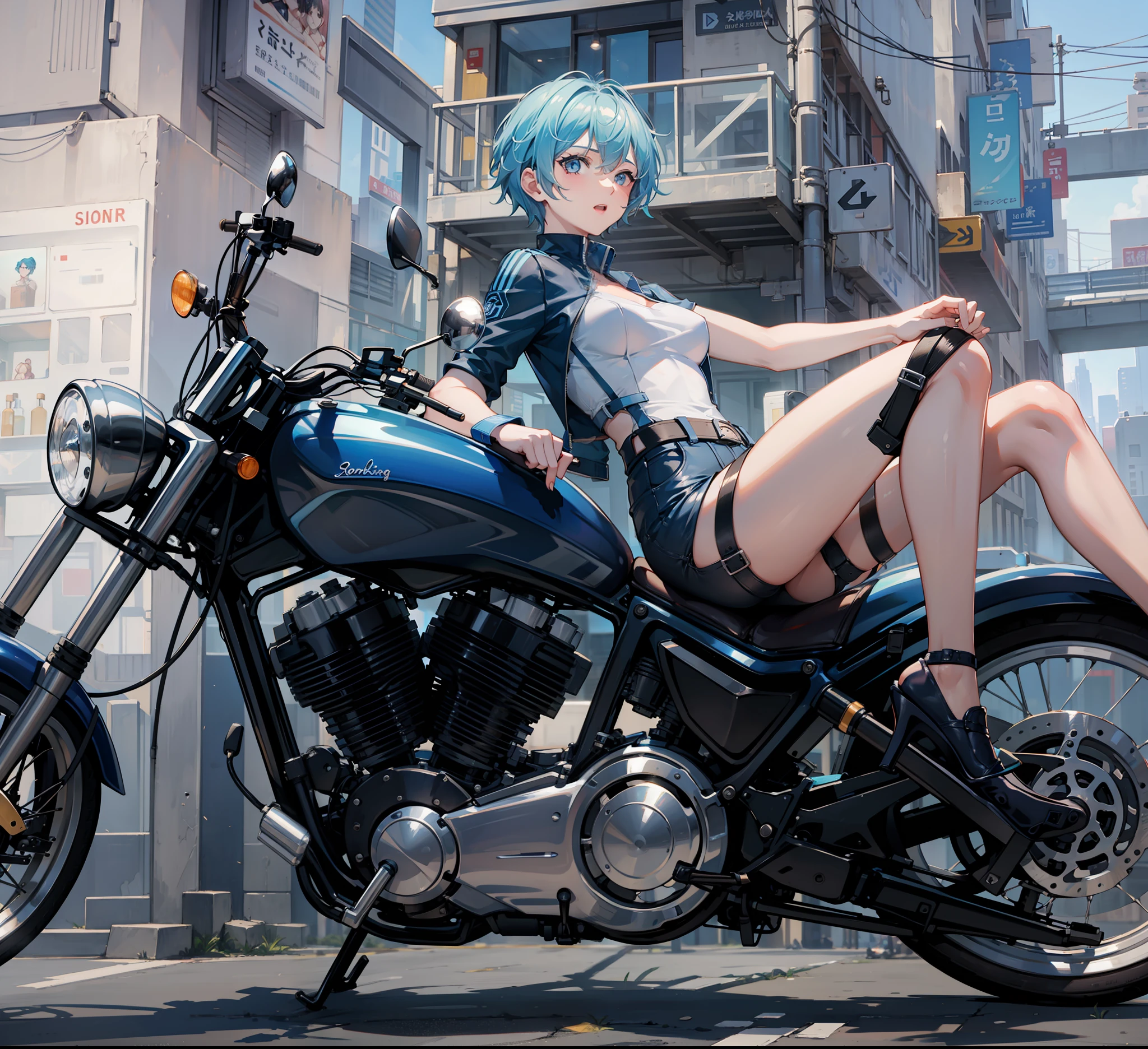 Sexy light blue short-haired woman riding motorcycle