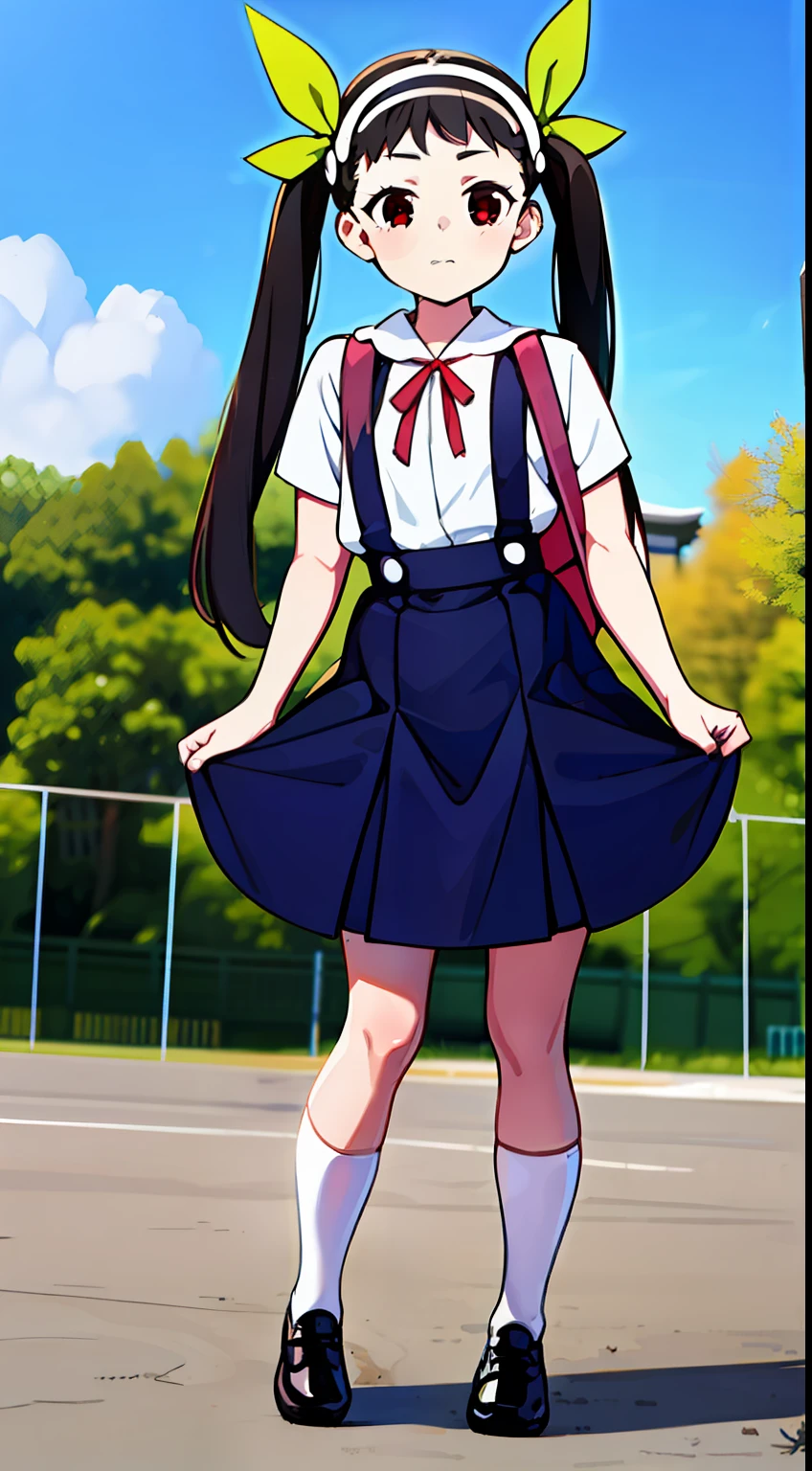 1girl in, Solo, Female, (Mayoi_Hachikuji Temple) Twin-tailed, (Red_Eyes), Flat_Chest, Standing, Looking at Viewer, full_Body, long_hair, Green_bow ribbon, white_shairband, Bracelet, School_uniform, white_Shirt, Black_Skirt, suspender_Skirt, Badge, Star, (Hachipak), animal_Bag, backpack, Bag,Wagas