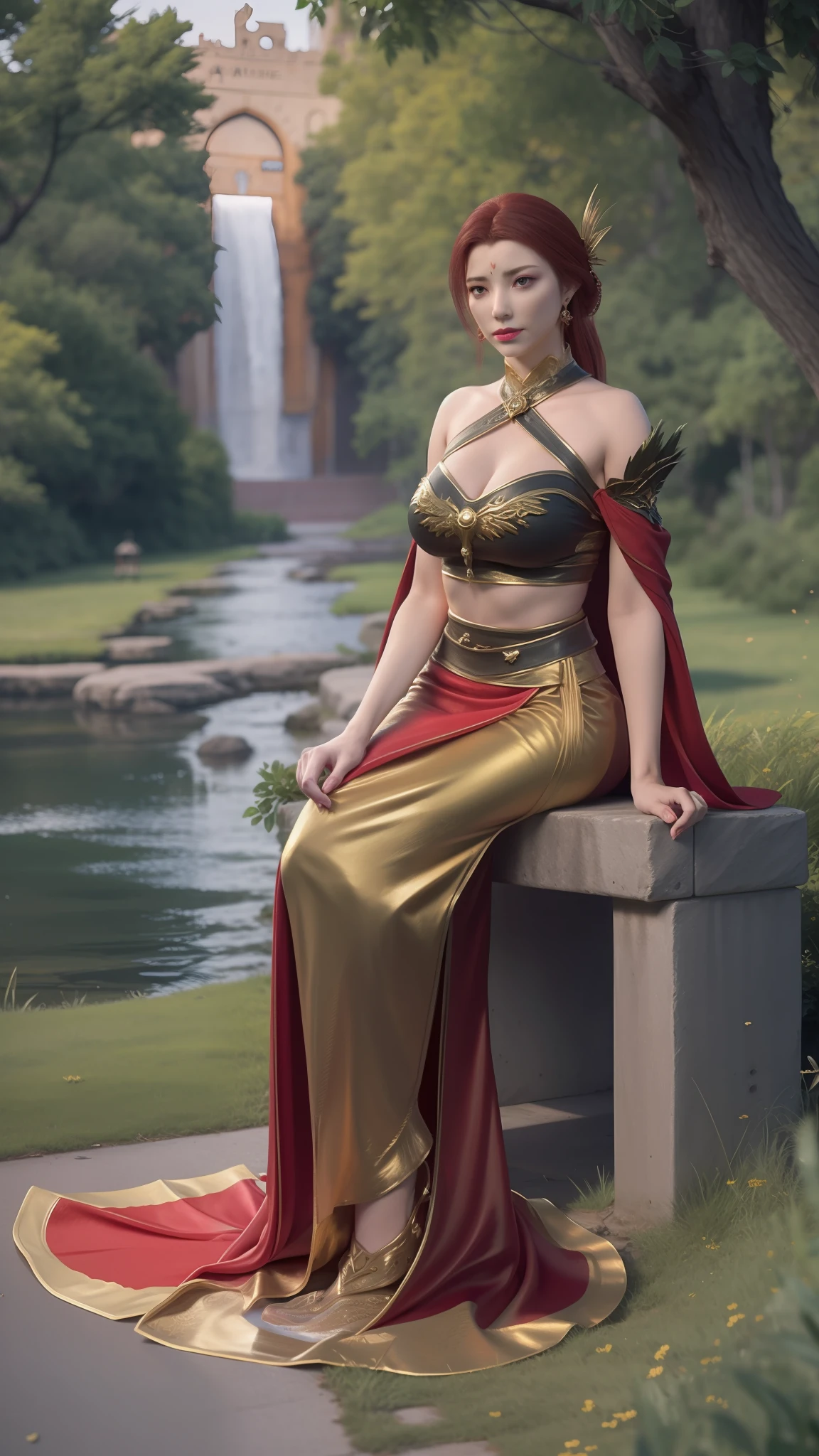 The Araved woman in a red dress sits on a red bench by the water, a photorealistic painting inspired by Magali Villeneuve, cgsociety contest winner, Fantasy art, wearing gilded red robes, lady in red armor, wearing gilded red royal robes, Gorgeous Role Play, scarlet witch costume, wearing red sorcerer's robes, Red robe, aly fell and artgerm