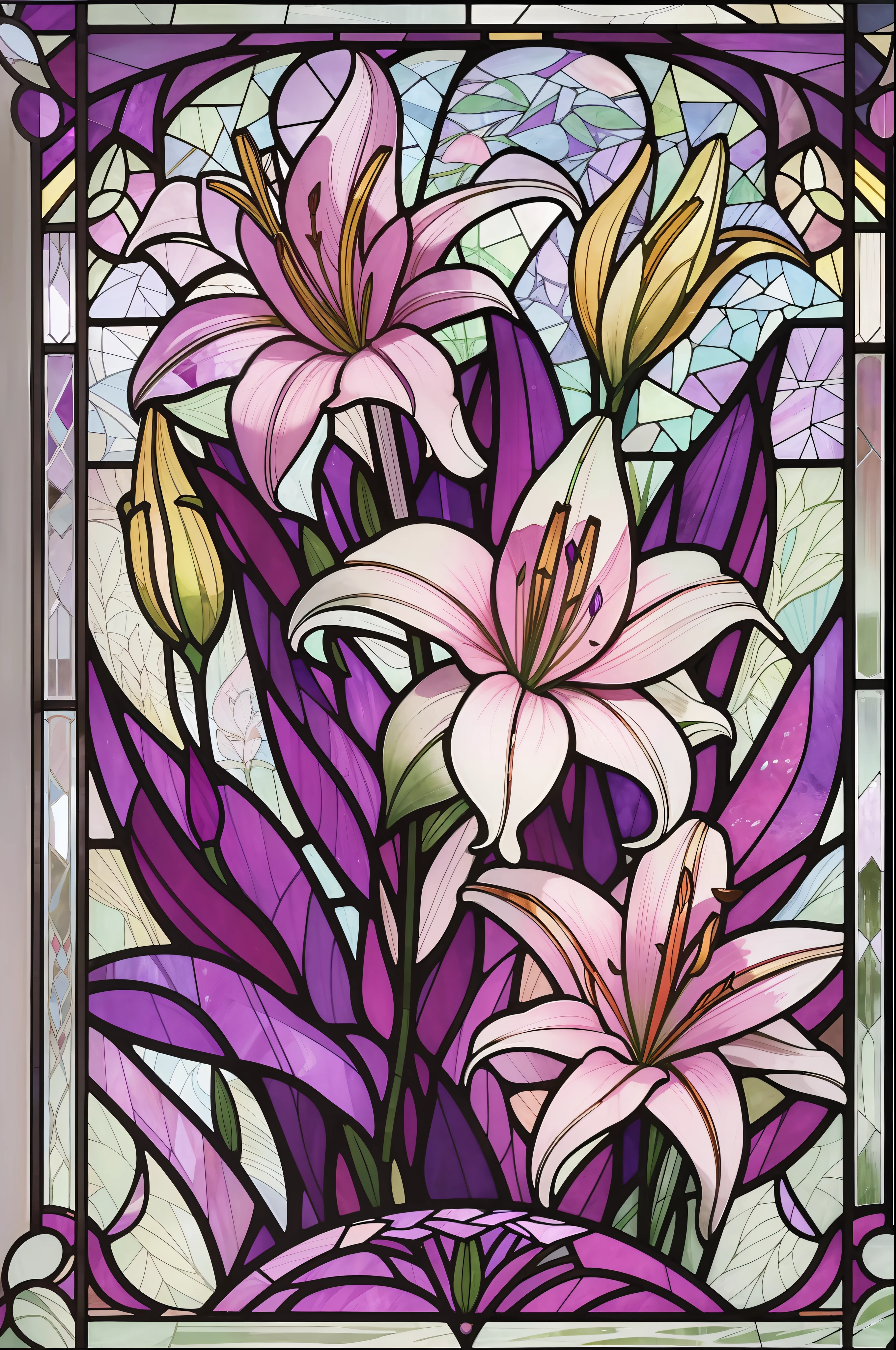 Five lilies stained glass pattern, stained glass art, Amethyst stained glass,Simple composition