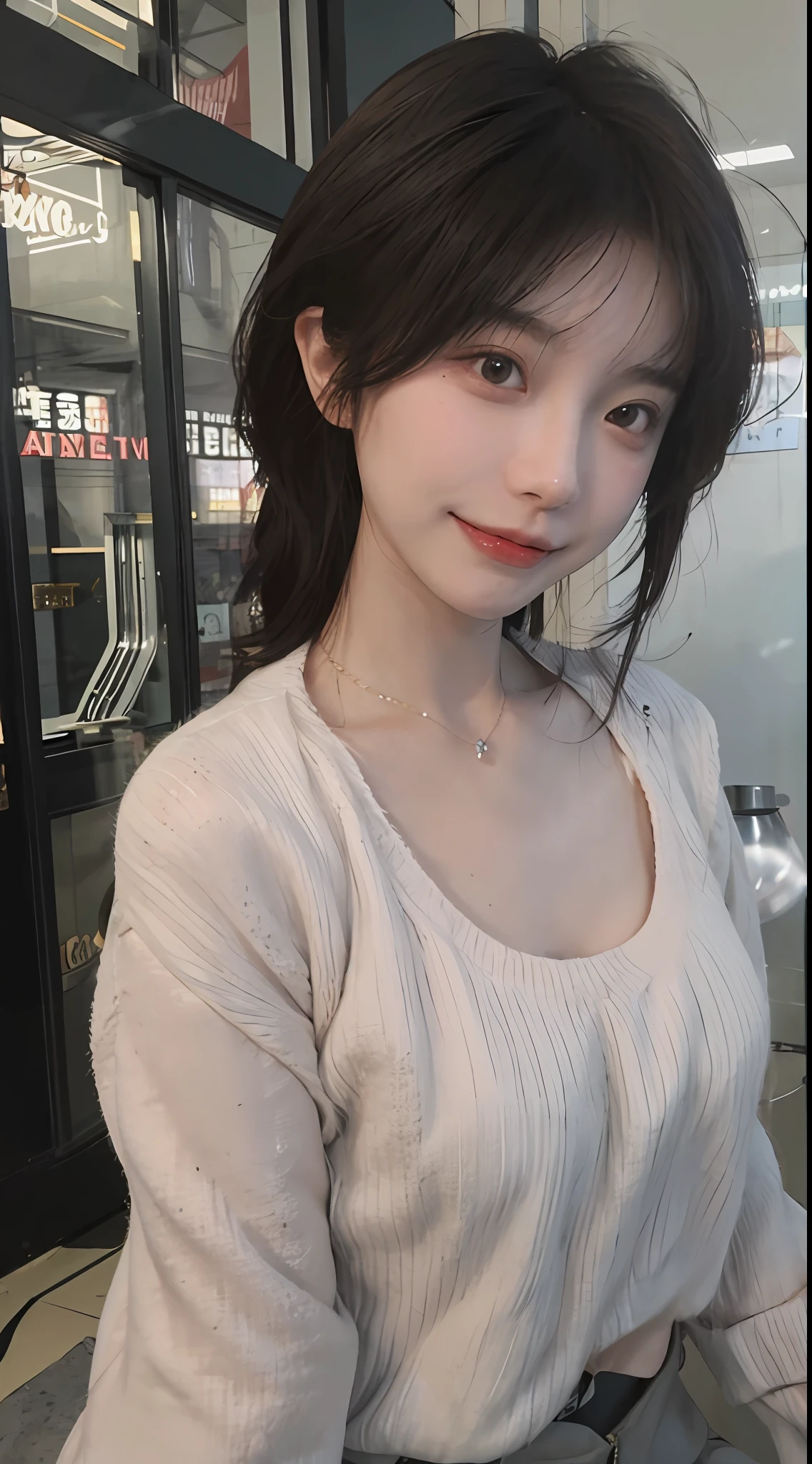 best qualtiy， 超高分辨率， （realisticlying：1.4），cute hairpin，Baoyu Girl，1girll, Beautiful woman with a slim figure:1.4, Abs:1.1, (with short brown hair, mideum breasts:1.3), Long pink sweater:1.1, 浴室,Ultra-fine face，Elaborate Eyes，二重まぶた，ssmile，choker necklace