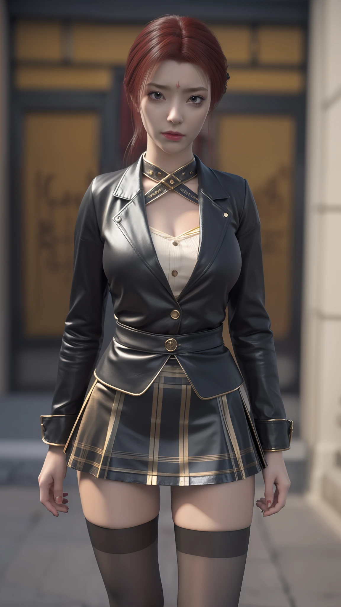 there is a woman in a skirt and a jacket posing for a picture, Surrealism female students, Surrealism female students, Realistic schoolgirl, thighhighs and skirt, photorealistic anime girl rendering, 3 d anime realistic, Smooth anime CG art, photorealistic full body, Photorealistic anime, Realistic anime 3 D style, photorealistic perfect body, wearing skirt and high socks