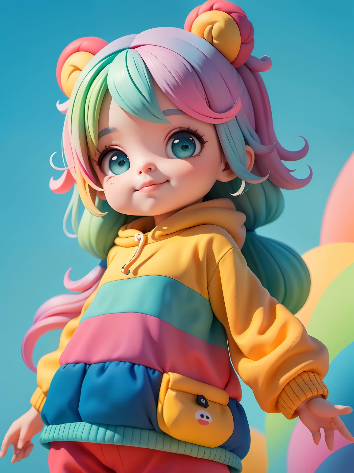 (obra-prima), (melhor qualidade), (ultra-detalhado), (corpo inteiro: 1.2) baby menina bonita e fofa, tema frutas, capuz, moletom colorido, Knitted jumpsuits, Pants, jaqueta, blusa, sorriso claro, corpo inteiro, :3, fundo tom pastel , colorido e simples.