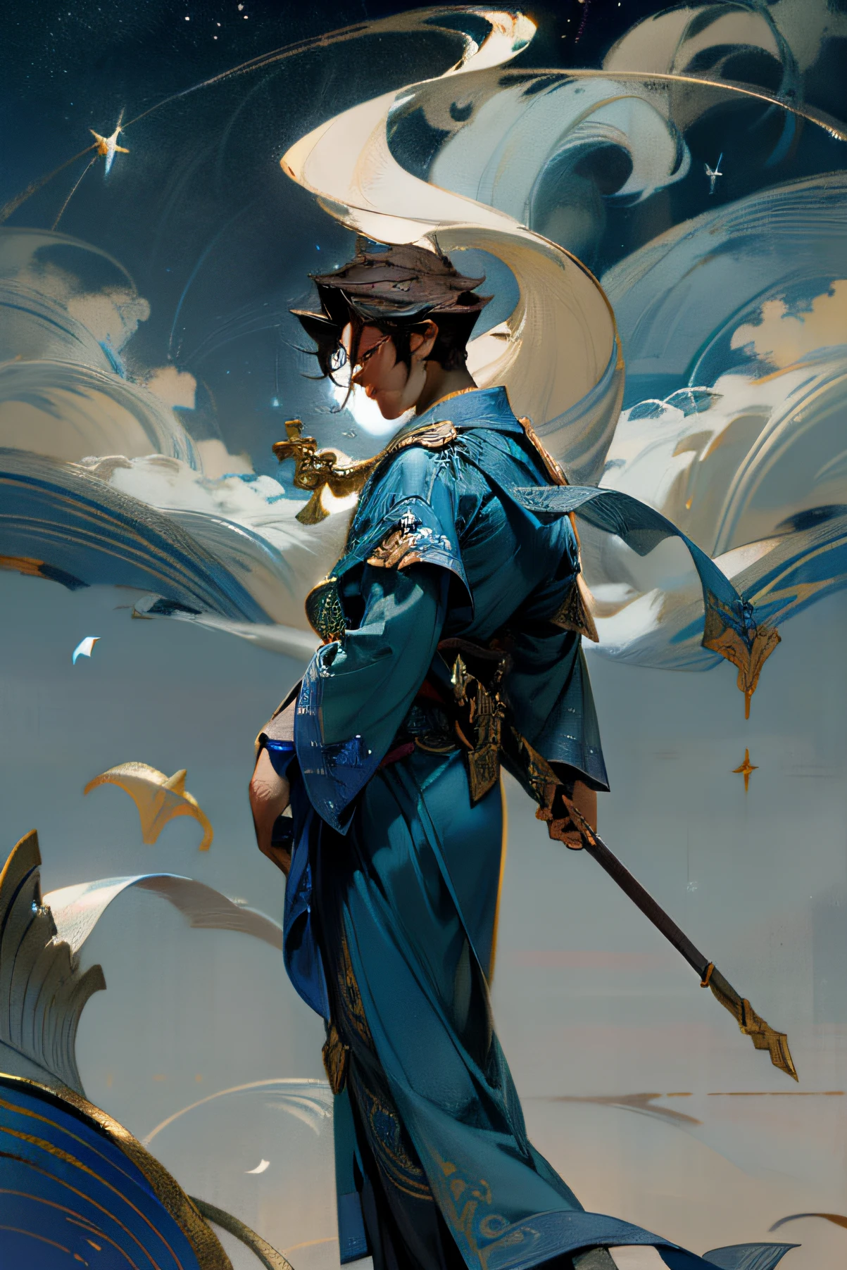 Handsome male cultivator in blue robes，年轻，With one hand, the gradually spreading scroll is lightly thrown into the air，The moon with a gradient of dark blue and light blue on its back，Characters standing on a cliff，The peaks at your feet run through the sea of clouds，The sky is dark and the time is late，The stars are sparse but still exist，Sporadic birds pass far away