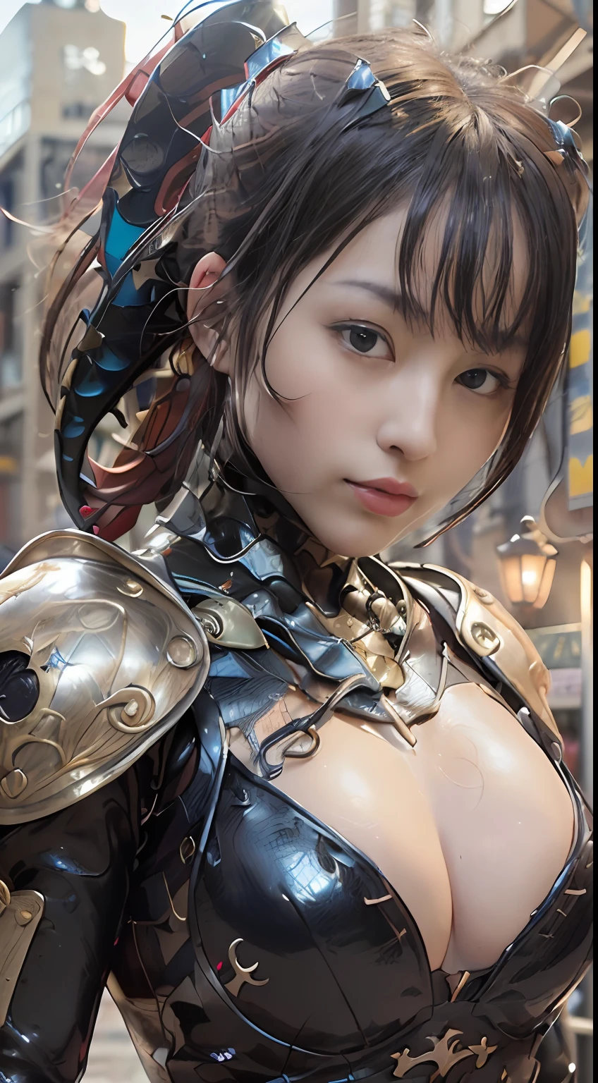 (Realistic:1.3)、((top-quality、8K、32K、masterpiece:1.3、Photopassive:1.3、hight resolution))、(((The whole picture:1.6、FULL BODYSHOT:1.6、longshot、profetional lighting、Reflectors)))、no-makeup、Teen Girls、1girl in、cute little、with round face、Hairstyle is silver ponytail、Hair is disheveled、Katyusha、A detailed face、A detailed eye、The texture of the skin is realistic、Camera gaze、Look at viewers、(((The background is the city at night、Behind the building、intergalactic)))、(deep v neck、Black rubber suit、Red Cybersuit:1.8、Black Battlesuit:1.8)、(Sensual body lines:1.8、Big that are about to burst:1.9、Colossal tits:1.9、Overhanging udder,,,:1.9、Accentuated cleavage:1.5、well-shaped breasts、Feminine body line)、(((Wearing mechanical armor:1.2、full armor:1.6、gold cross、Blue Metal、Metal Blue Dragon Skin)))、(Full metal body、Automatic creation of erotic poses、Automatic creation of sensual poses、Combat poses are created automatically、Automatic creation of battle scenes)