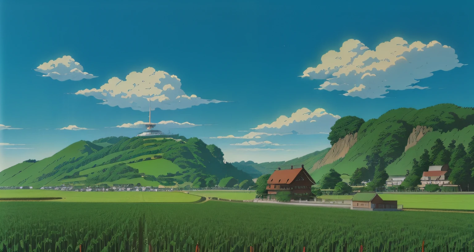 （tmasterpiece，best qualtiy）， intricately details， 8K， art  stations， the wallpaper， offcial art， splashart， tack sharp focus，farm background, Medium shot. author：hiyao miyazaki, Miyazaki movie scene, View of Ghibli Studio, anime countryside landscape, author：hiyao miyazaki, in style of hayao miyazaki, lofi, from akira ( 1 9 8 8 ) Style, miyazaki's animated film, studio ghibli aesthetic