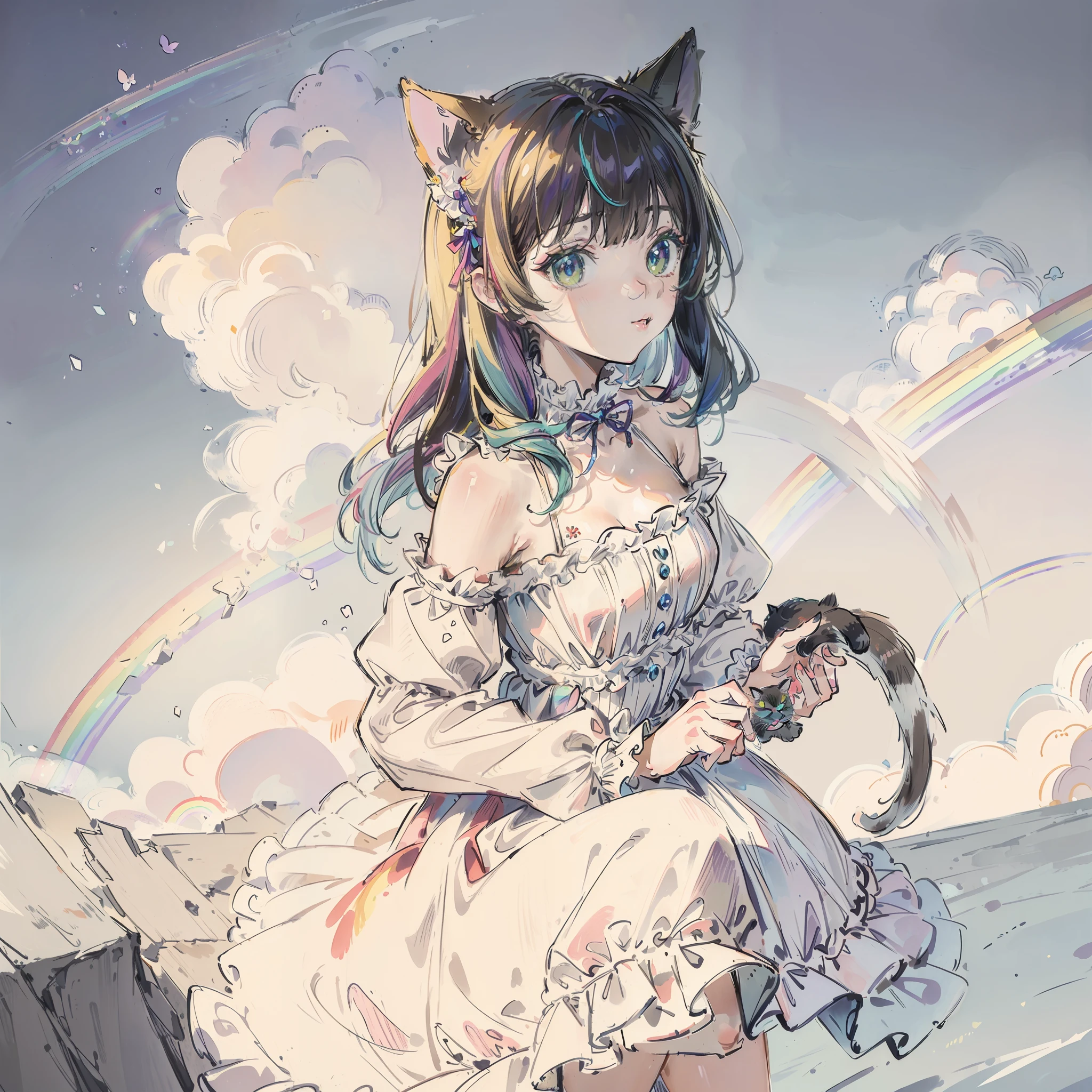 ((Best quality1.2))、((masterpiece))、((dress frilled))、((Take a cute cat 1.5))、((rainbow-colored hair))