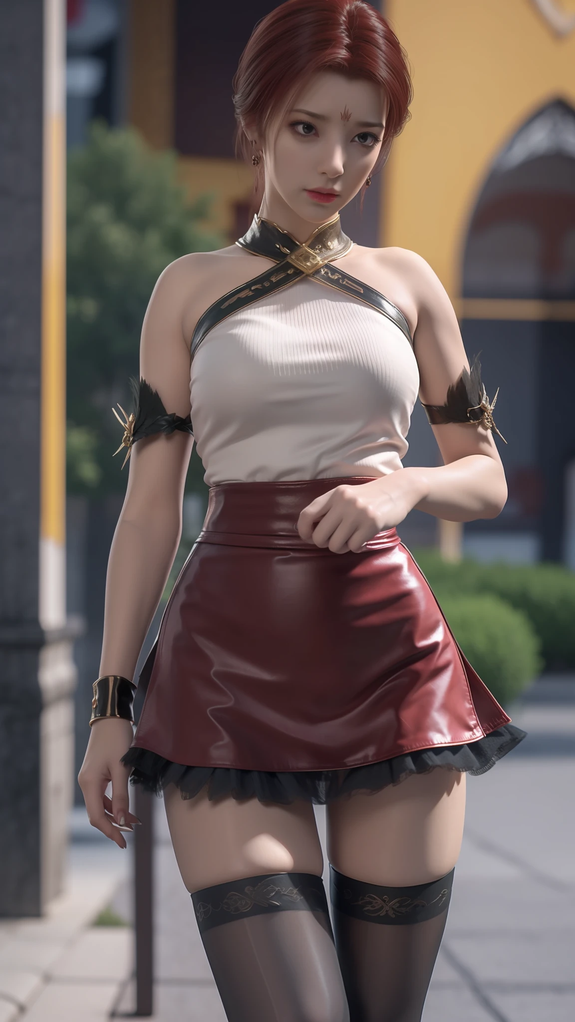 Arad woman posing for photo in short skirt and white shirt, Surrealism female students, Surrealism female students, Realistic schoolgirl, photorealistic anime girl rendering, thighhighs and skirt, 3 d anime realistic, small curvaceous , wearing skirt and high socks, Photorealistic anime, cute female student, Realistic anime 3 D style, female student
