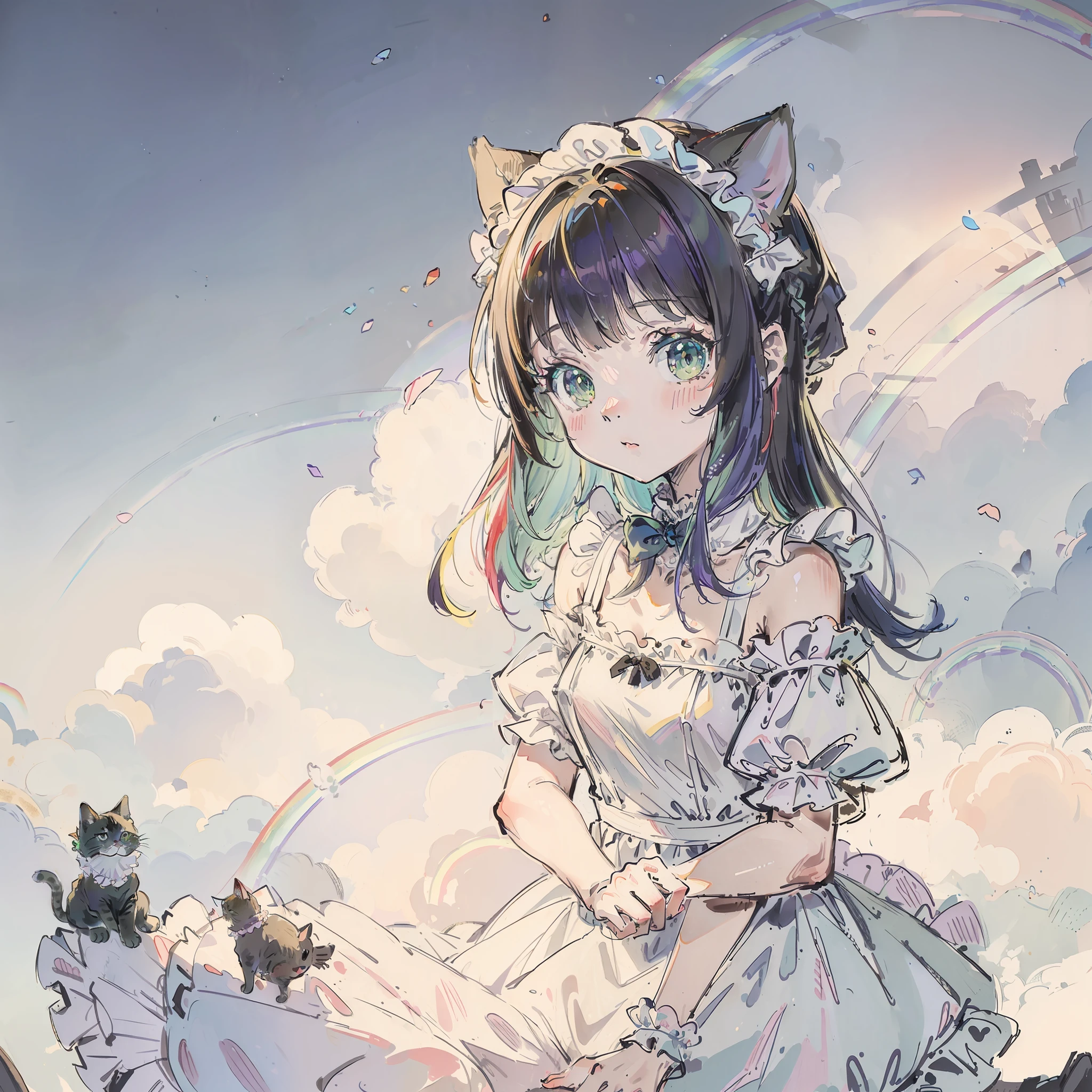 ((Best quality1.2))、((masterpiece))、((dress frilled))、((Take a cute cat 1.5))、((rainbow-colored hair))