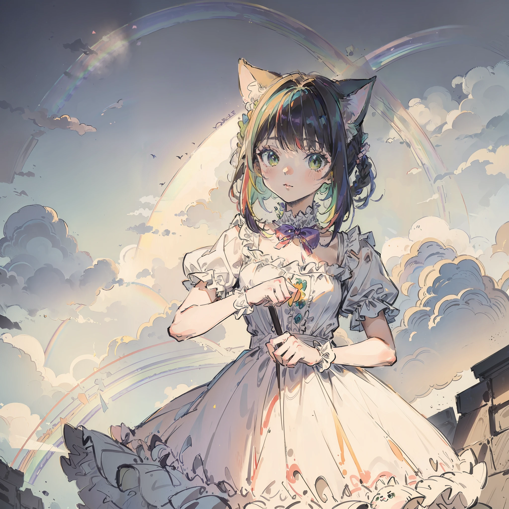 ((Best quality1.2))、((masterpiece))、((dress frilled))、((Take a cute cat 1.5))、((rainbow-colored hair))