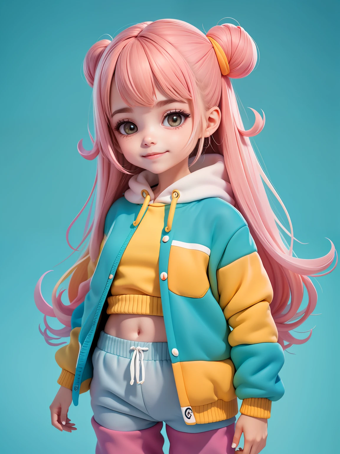 (obra-prima), (melhor qualidade), (ultra-detalhado), (corpo inteiro: 1.2) baby menina bonita e fofa, tema candy, capuz, moletom colorido, Knitted jumpsuits, Pants, jaqueta, blusa, sorriso claro, corpo inteiro, :3, fundo tom pastel , colorido e simples.