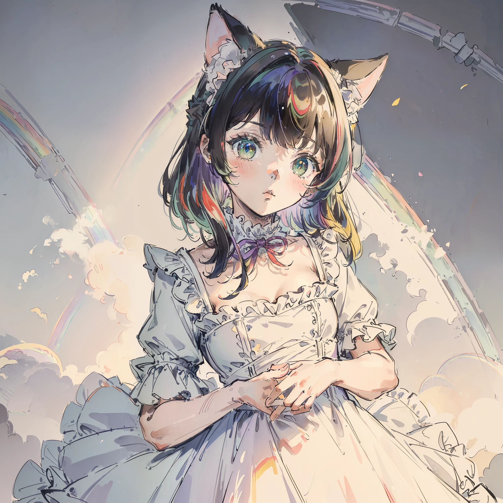 ((Best quality1.2))、((masterpiece))、((dress frilled))、((Take a cute cat 1.5))、((rainbow-colored hair))