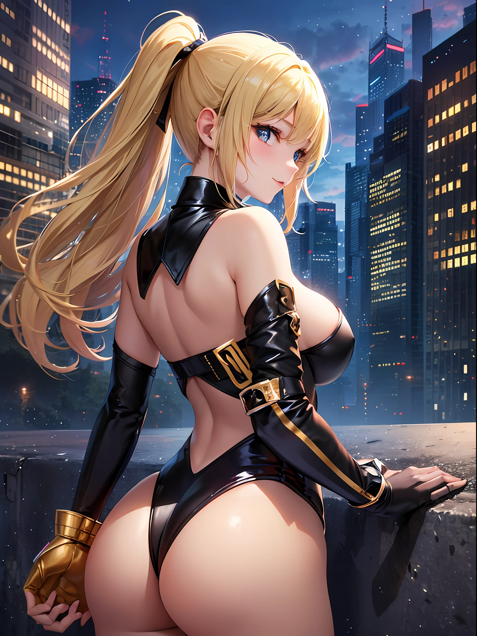 (top-quality: 1.3)、(​masterpiece: 1.3)、(The ultra-detailliert: 1.3)、(wall-paper, one girls)、([Diamonds: 1.3|The eye]:1.2)、(Perfect and beautiful black leotard:1.3)、Light armor、(Golden hair:1.3)、Longhaire、straight haired、(Beautiful Large Breasts:1.3)、borgar、castle town、ssmile、sexypose、Rear view