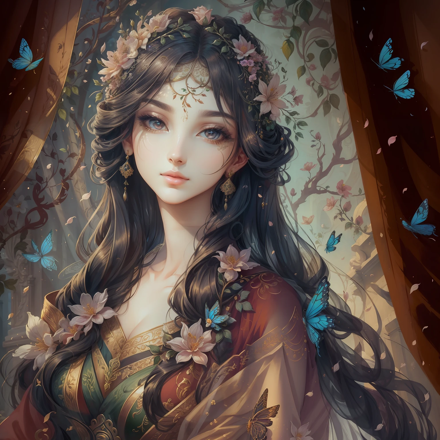 classical aesthetics，Beautiful and meticulous portrayal，High-definition detail，Ancient beauty，The posture is natural，The details stand out，Flowers, vines, butterflys，lovely lips，Revel in the eyes，Flowing, Smooth hair，Beautiful face，Ink painting effect，Natural light