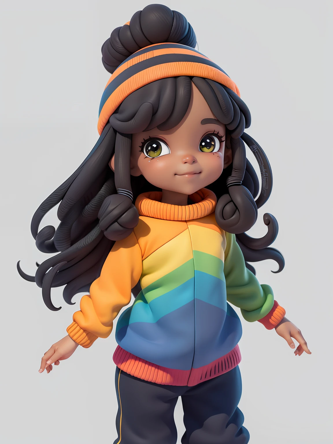 (obra-prima), (melhor qualidade), (ultra-detalhado), (corpo inteiro: 1.2) menina negra bonita e fofa, capuz, moletom colorido, Knitted jumpsuits, Pants, jaqueta, blusa, sorriso claro, corpo inteiro, :3, fundo tom pastel , colorido e simples.
