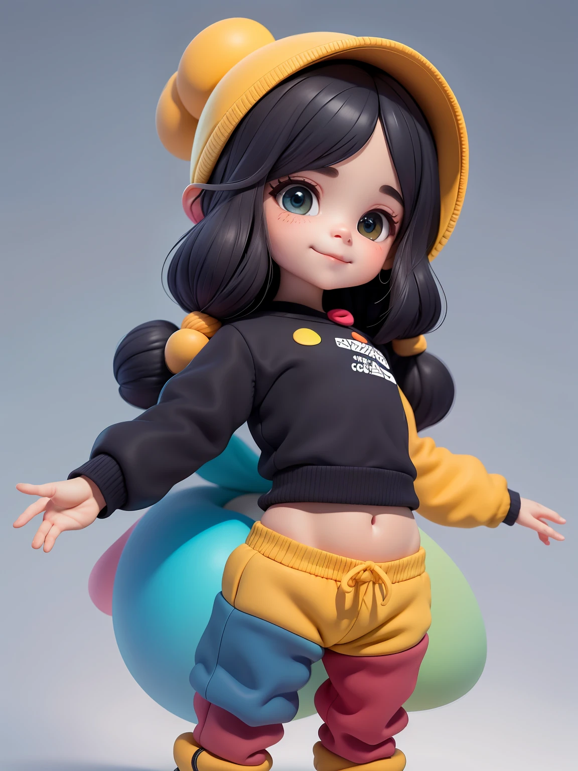 (obra-prima), (melhor qualidade), (ultra-detalhado), (corpo inteiro: 1.2) baby menina negra bonita e fofa, capuz, moletom colorido, Knitted jumpsuits, Pants, jaqueta, blusa, sorriso claro, corpo inteiro, :3, fundo tom pastel , colorido e simples.