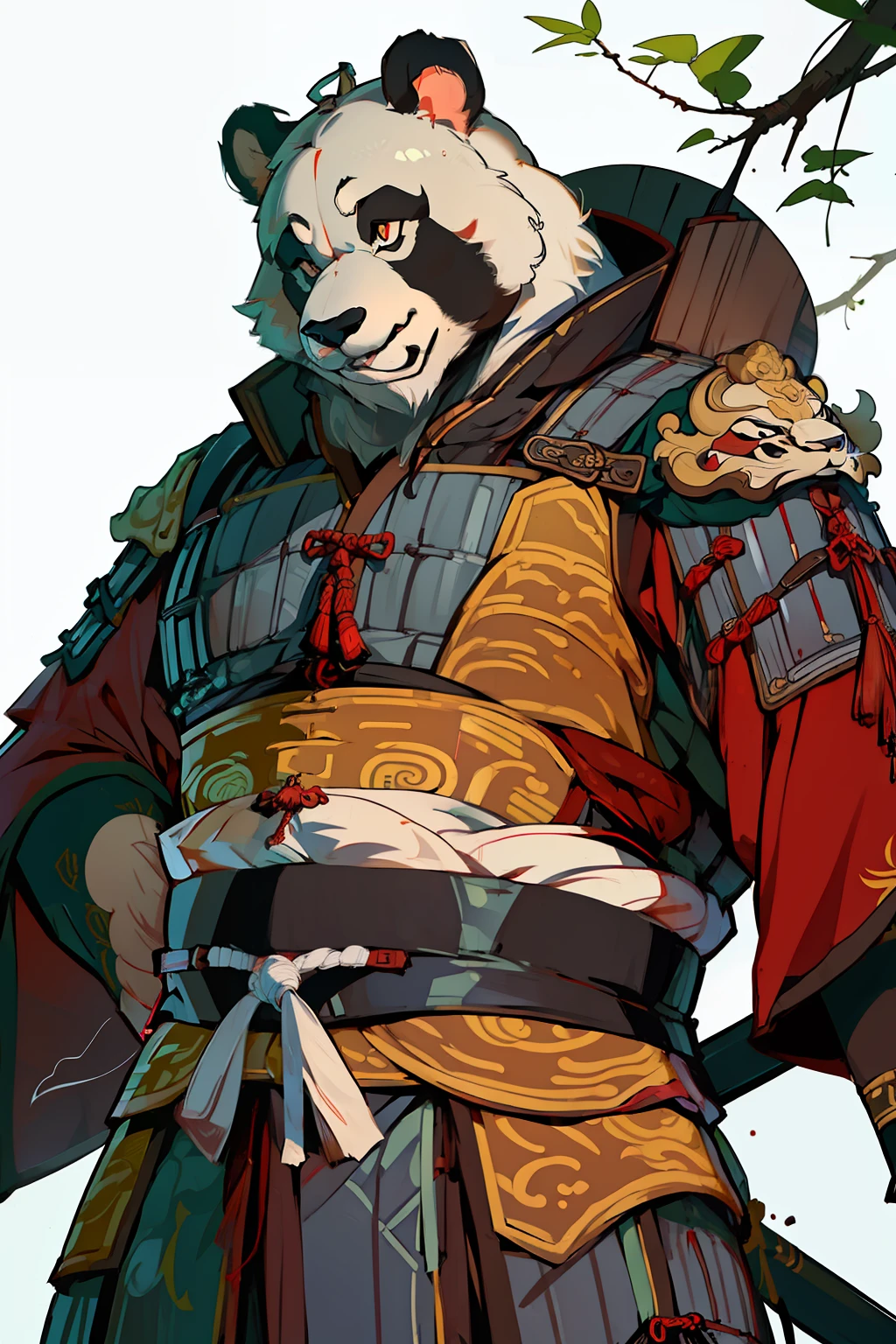 ((Best quality, 8k, Masterpiece :1.3)), Male of Pandaren，1 Panda, panda, white hair, fat, fat, fat, strong, tall and big, black Chinese armor, Chinese armor, Chinese armor Hanfu，Chinese broadsword with a long handle, Ultra detailed, in a forest, Depth of field