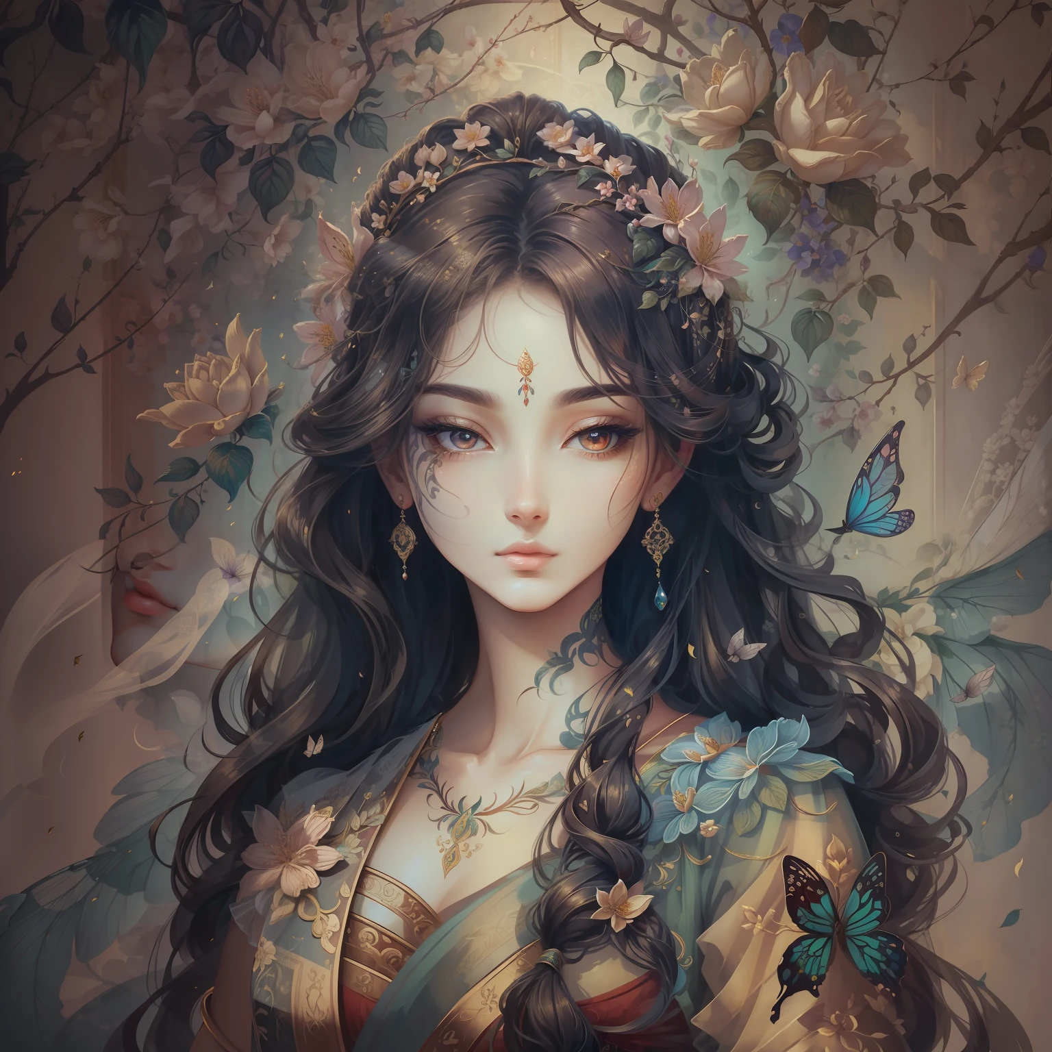 classical aesthetics,Beautiful and meticulous portrayal,High-definition detail,Ancient beauty,The posture is natural,The details stand out,Flowers, vines, butterflys,lovely lips,Revel in the eyes,Flowing, Smooth hair,Beautiful face,Ink painting effect,Natural light