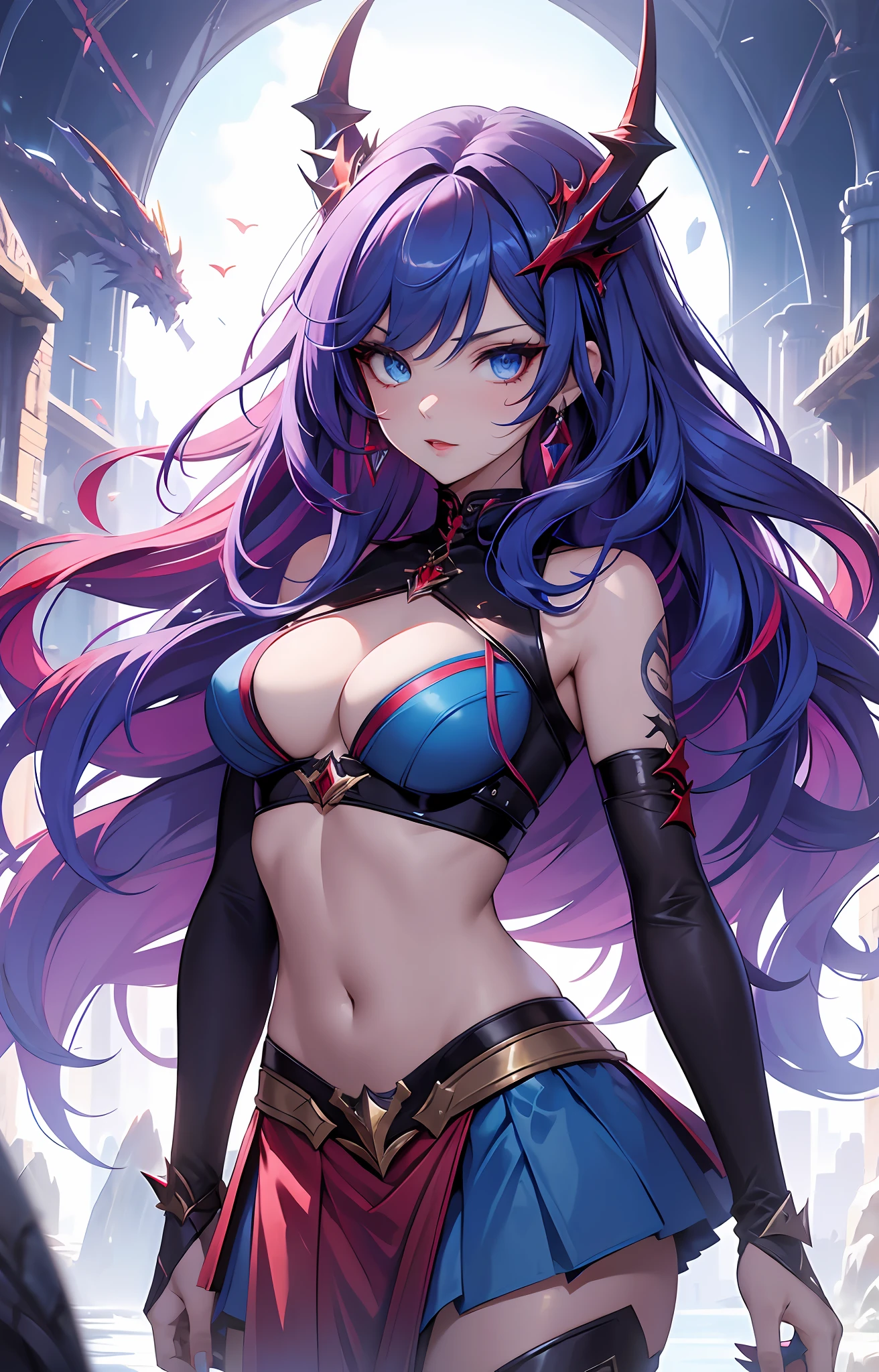 best qualityer，tmasterpiece，Ultimate resolution，downy，Extremely colorful，Colorful，Dragon beauty，blue color eyes，Long red and blue hair，Redlip，Long messy hair，A pair of dragon horns，A pair of dragon wings，a matural female，Crop topping，Superskirt，The kinky is exposed，Dome，Skysky，Normal posture