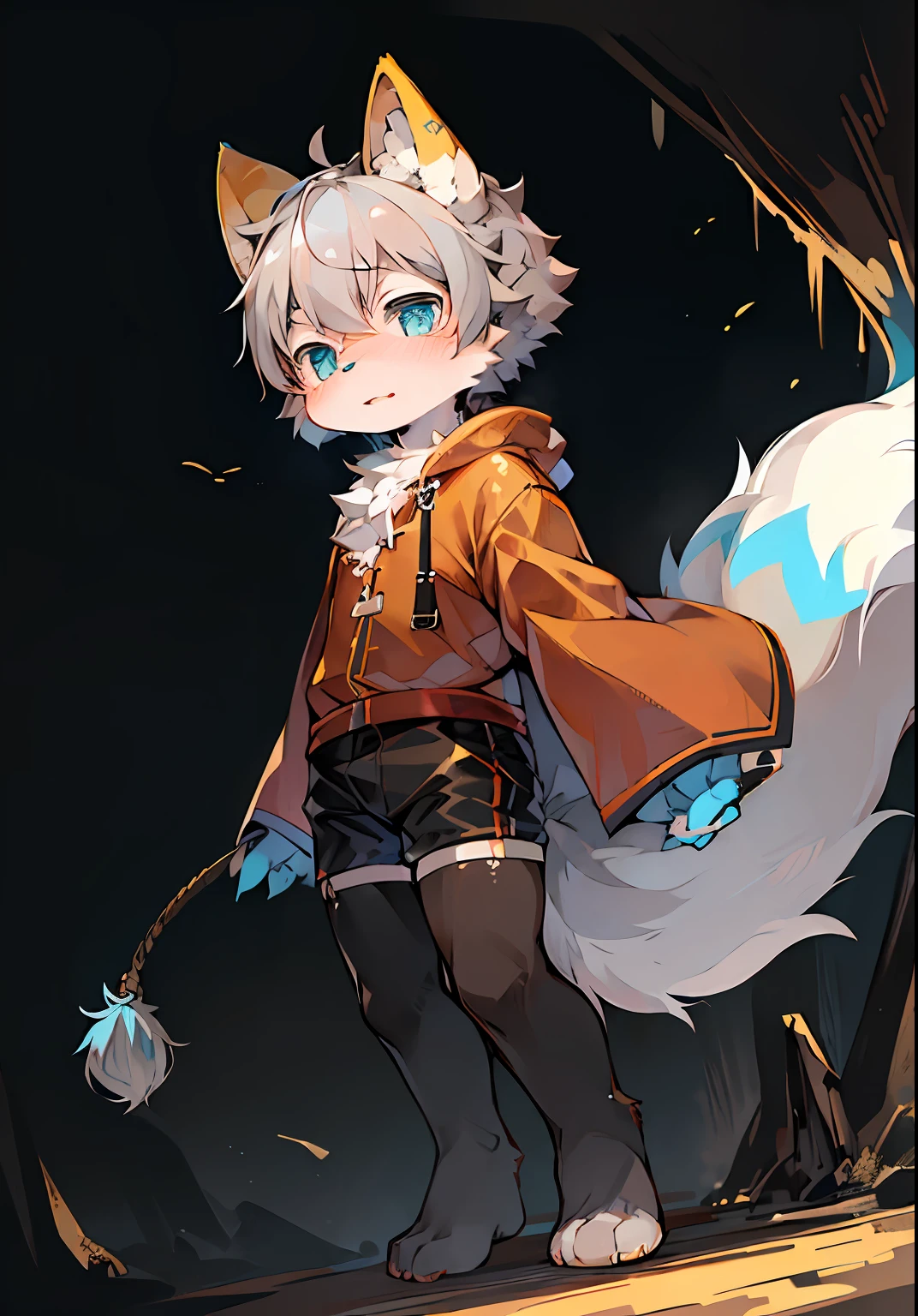 (ambiente dark:0.8),masterpiece,high quality,abstract res,digital painting\(artwork\), by dagasi, yupa,kiyosan,(anthro,fluffy fur,character focus:1.1),anthro male cat,short hair,portrait , eyes with brightness, in a panoramic view, Character focus.(detailedbackground:0.7), 独奏, shaggy, shaggy male, malefocus, anthr,(Full Body Furry, Fluffy tail, Yellow fur, blue color eyes, Gray hair:1.2), (long canines：1.2）。