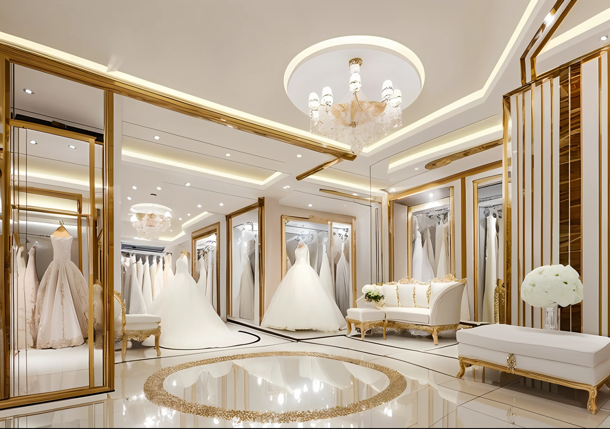 Interior Wedding dresses store in KSA the view on the qaaba, high details, realistic, high quality, 1024*720 dimensions.