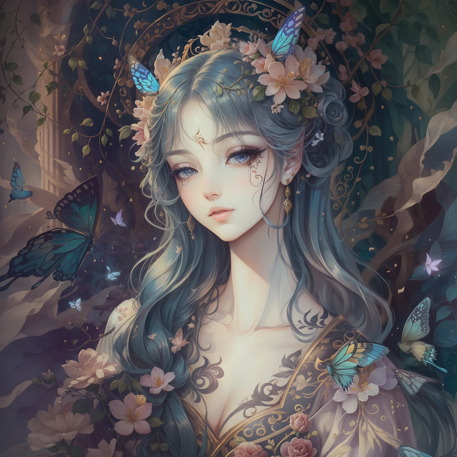 classical aesthetics,Beautiful and meticulous portrayal,High-definition detail,Ancient beauty,The posture is natural,The details stand out,Flowers, vines, butterflys,lovely lips,Revel in the eyes,Flowing, Smooth hair,Beautiful face,Ink painting effect,Natural light