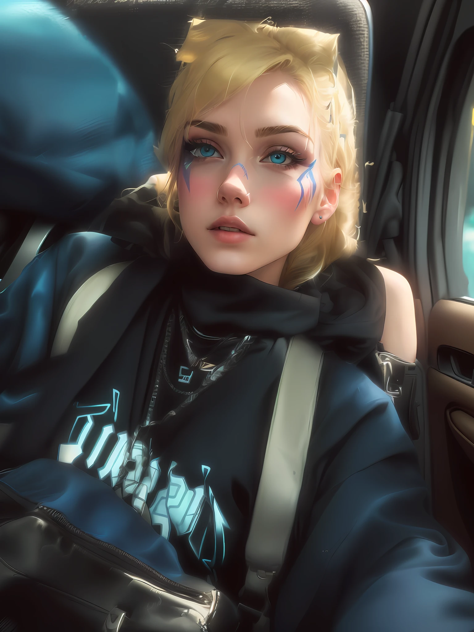 blond woman with sunglasses sitting in a car with a bag, she is wearing streetwear, warpaint aesthetic, curtain bangs, sitting in her car, androgynous face, androgynous, without makeup, androgynous person, woman in streetwear, inspired by Elsa Bleda, very very low quality picture, beautiful androgynous girl, 🤤 girl portrait, baggy eyes