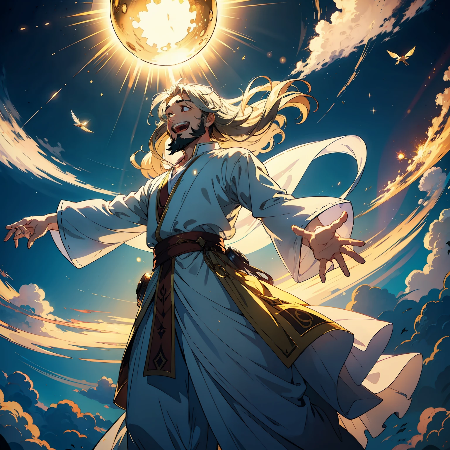 1 male,little beard,Ball of light in hand,Fantastic picture,Fairy style,Fly in the air,light circles,Long hair,White loose clothes,Long clothes,The eyes are big,Eyes shine,Kaihuai,happy laughing,Stand on the cloud,Surrounded by golden light