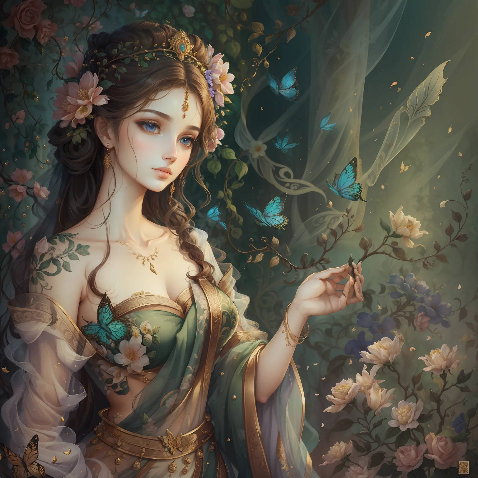 classical aesthetics，Beautiful and meticulous portrayal，High-definition detail，Ancient beauty，The posture is natural，The details stand out，Flowers, vines, butterflys，lovely lips，Revel in the eyes，Flowing, Smooth hair，Beautiful face，Ink painting effect，Natural light