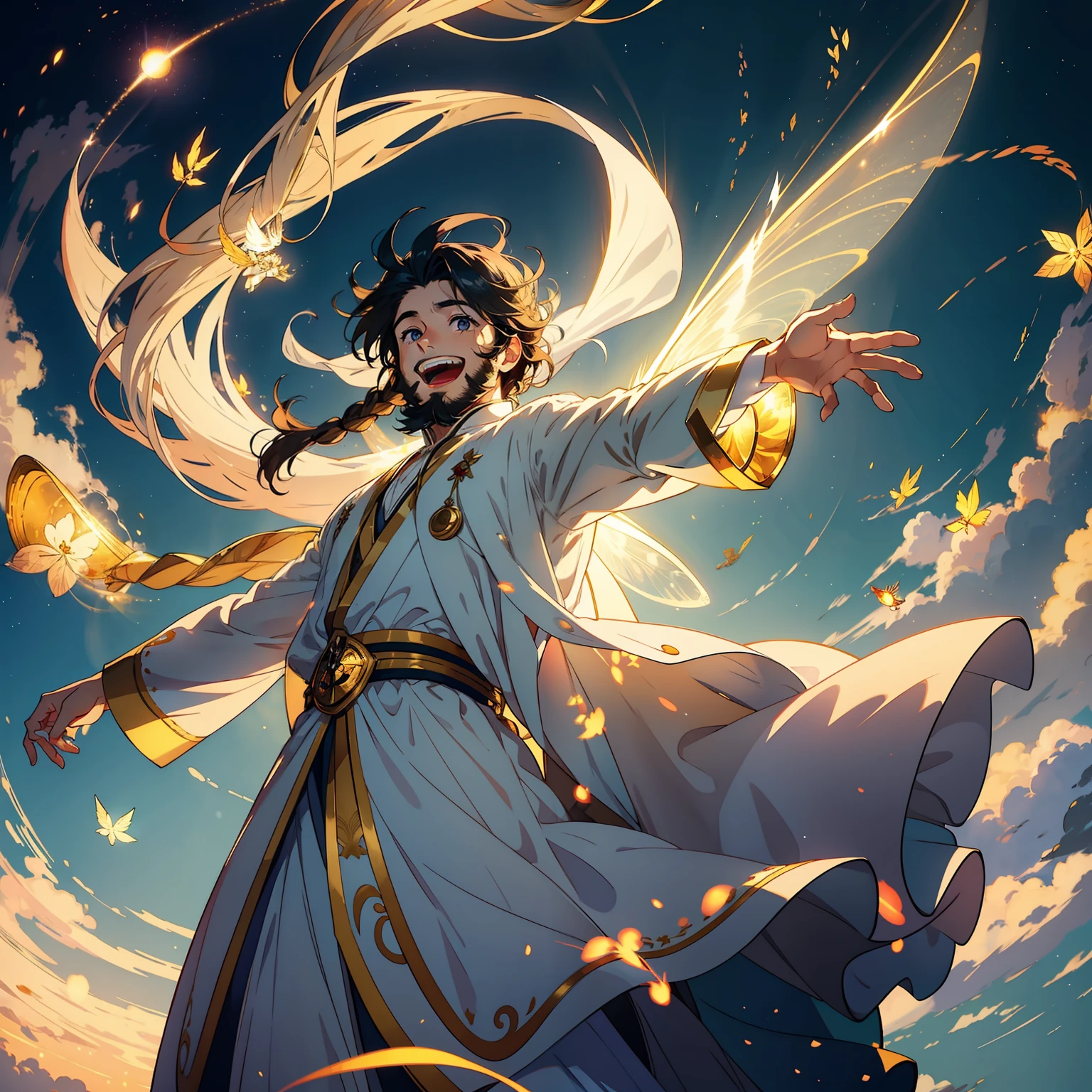 1 male，little beard，Ball of light in hand，Fantastic picture，Fairy style，Fly in the air，light circles，Long hair，White loose clothes，Long clothes，The eyes are big，Eyes shine，Kaihuai，happy laughing，Stand on the cloud，Surrounded by golden light