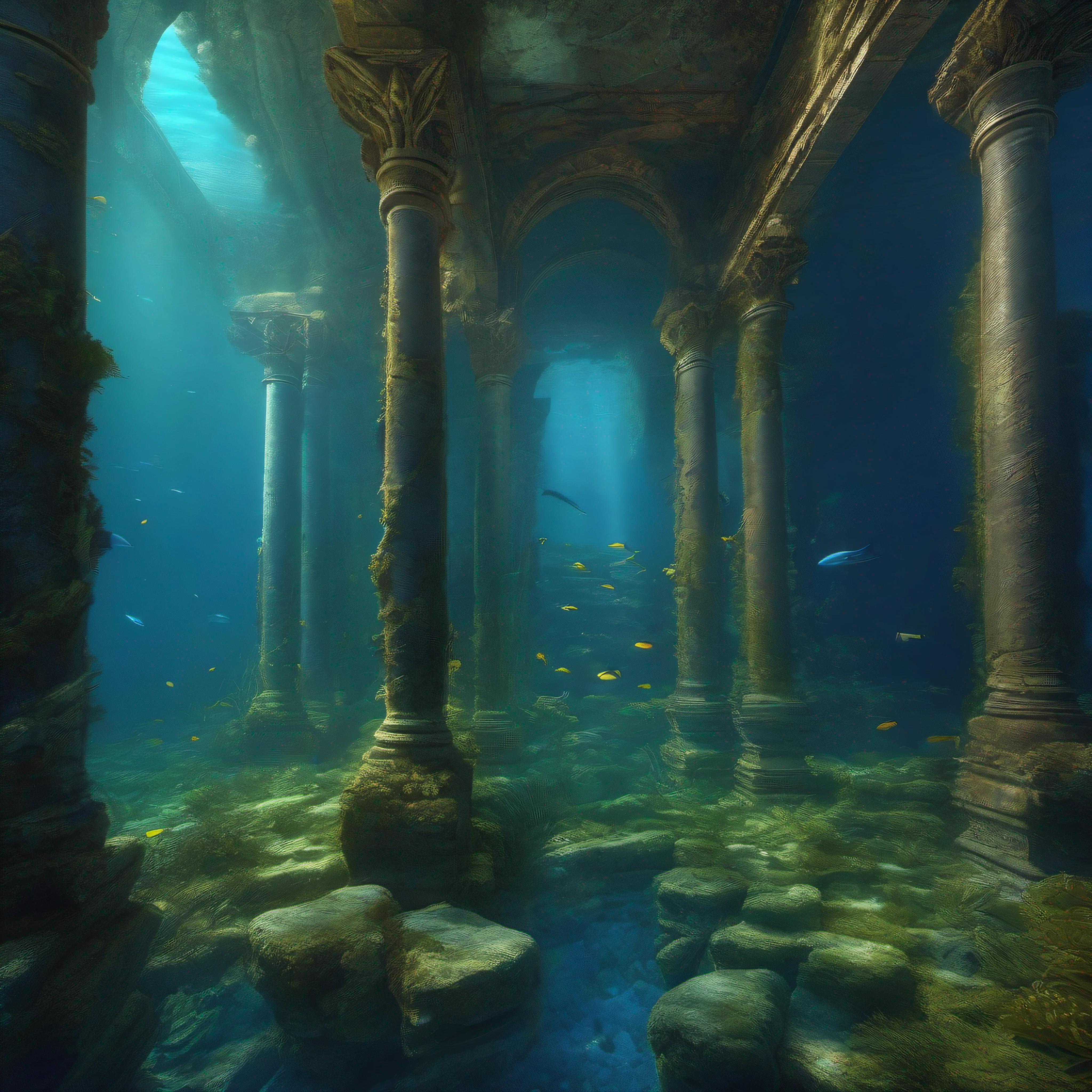 ((masterpiece)), (underwater:1.4), (ruins:1.5), (palace:0.7), (blue moss:1.4), vines, (ancient:1.1), (destroyed pillars:1.2), kelps, (dark:1.2), (8k:1.2), (submerged:1.3), bay