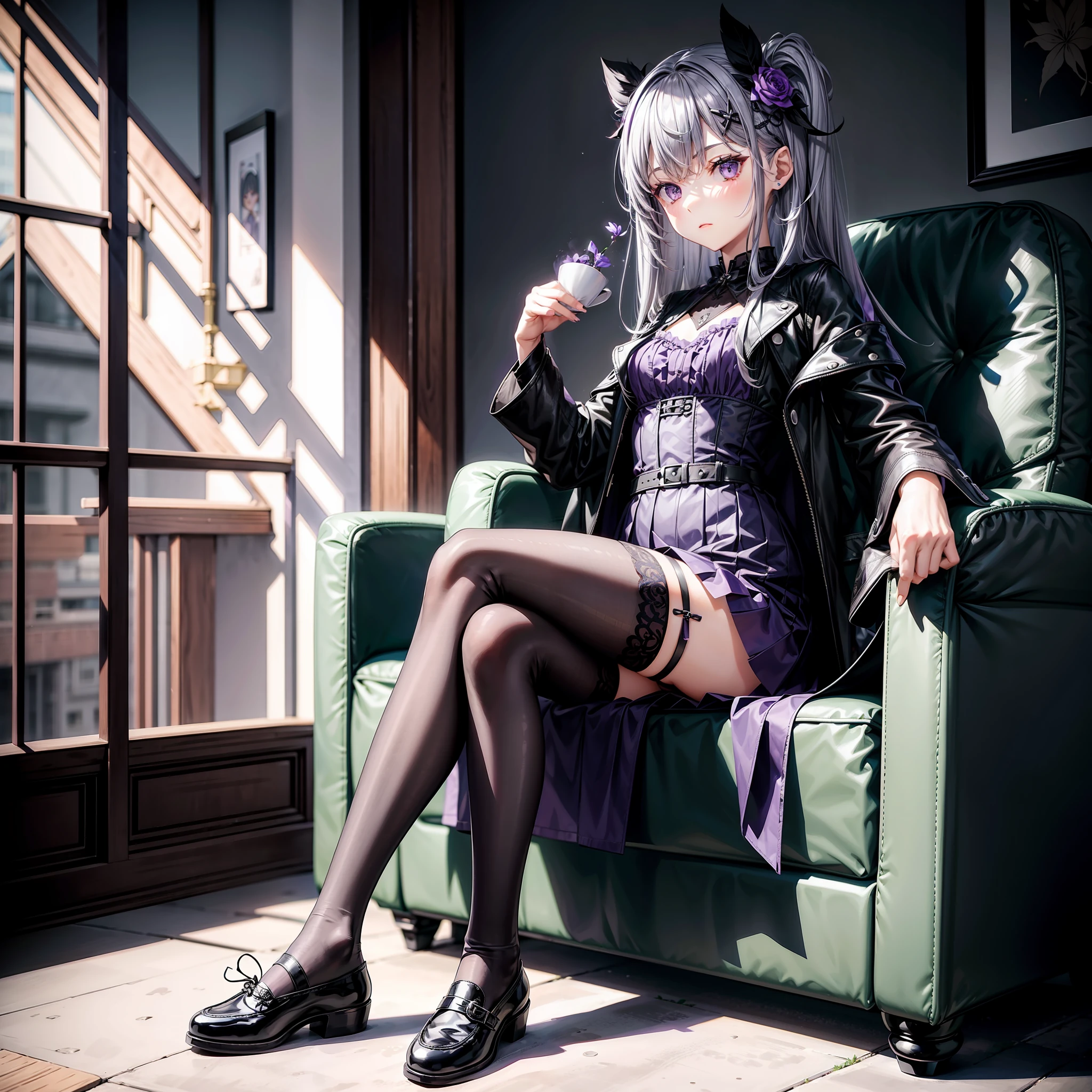 1girll,Gray hair,Purple flower hair ornaments,black lence stockings,Small black leather shoes,Sit upright in a chair,janelas,black color dress